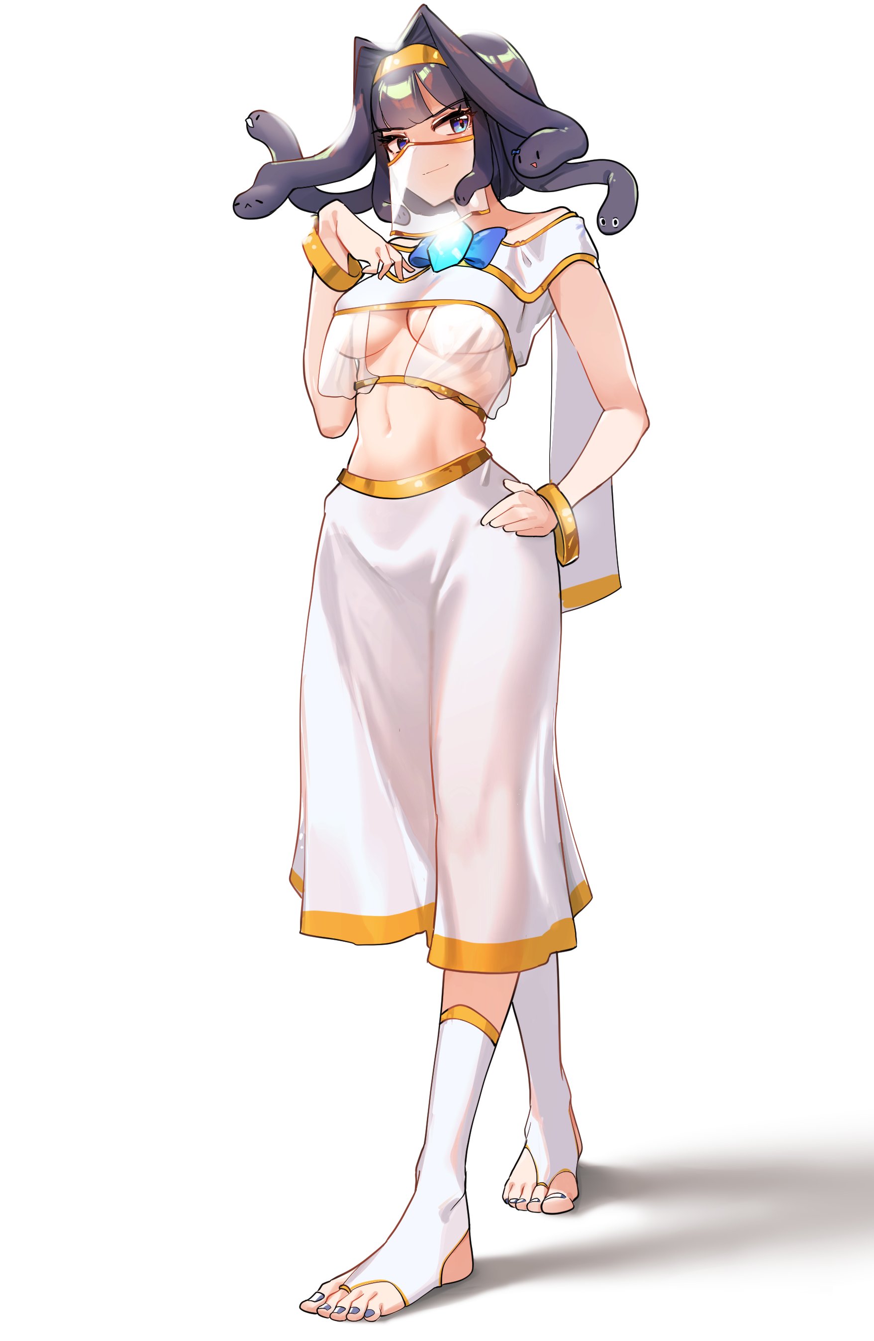 alternate costume, feet, female, female only, gorgon, halloween costume, hololive, hololive english, hololive english -council-, hololive english -promise-, midriff, ouro kronii, pompmaker1, toeless legwear, toes, virtual youtuber