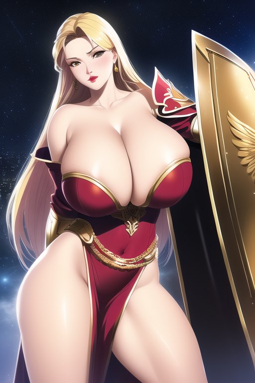 1girls, 2022, ai generated, alternate breast size, big breasts, blonde hair, breasts, bulging breasts, female, huge breasts, long hair, looking at viewer, original, original character, red latex, stable diffusion, warrior