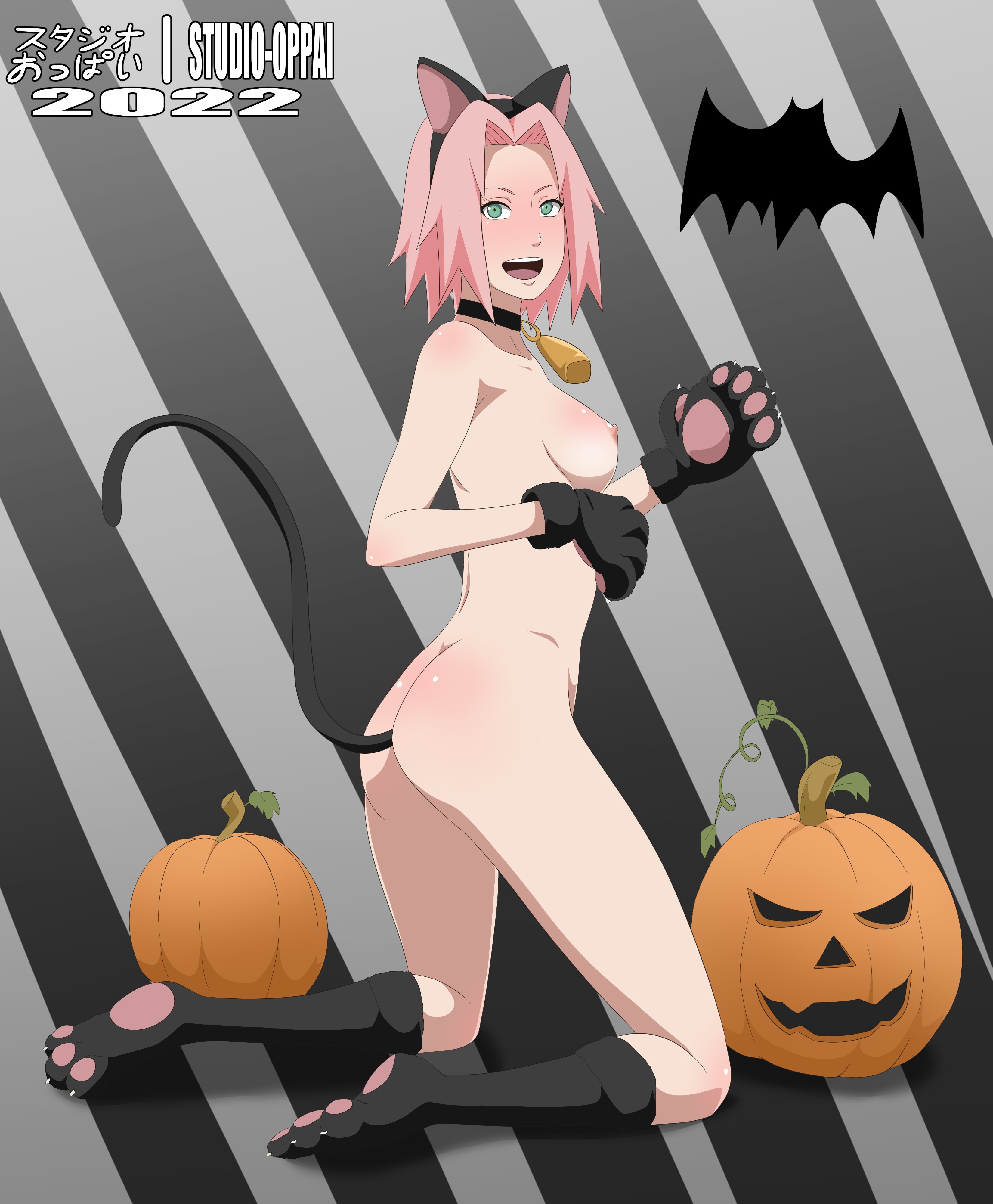 1girls, almost naked, areolae, ass, bell collar, bob cut, breasts, cat ears, cat girl, cat paws, cat tail, catgirl, choker, claws, collar, cosplay, cute, erect nipples, fake animal ears, fake tail, female, foot fetish, footwear, green eyes, halloween, hi res, highres, holidays, kneeling, looking at viewer, medium hair, naruto, naruto (series), naruto shippuden, nipples, nose blush, on knees, open mouth, partially clothed, paw gloves, paws, perky breasts, petite, petplay, pink hair, pink nipples, pinup, pumpkin, sakura haruno, shoulder length hair, shounen jump, small breasts, smile, smiling, soles, solo, solo female, solo focus, source request, studio oppai, thighs, voluptuous