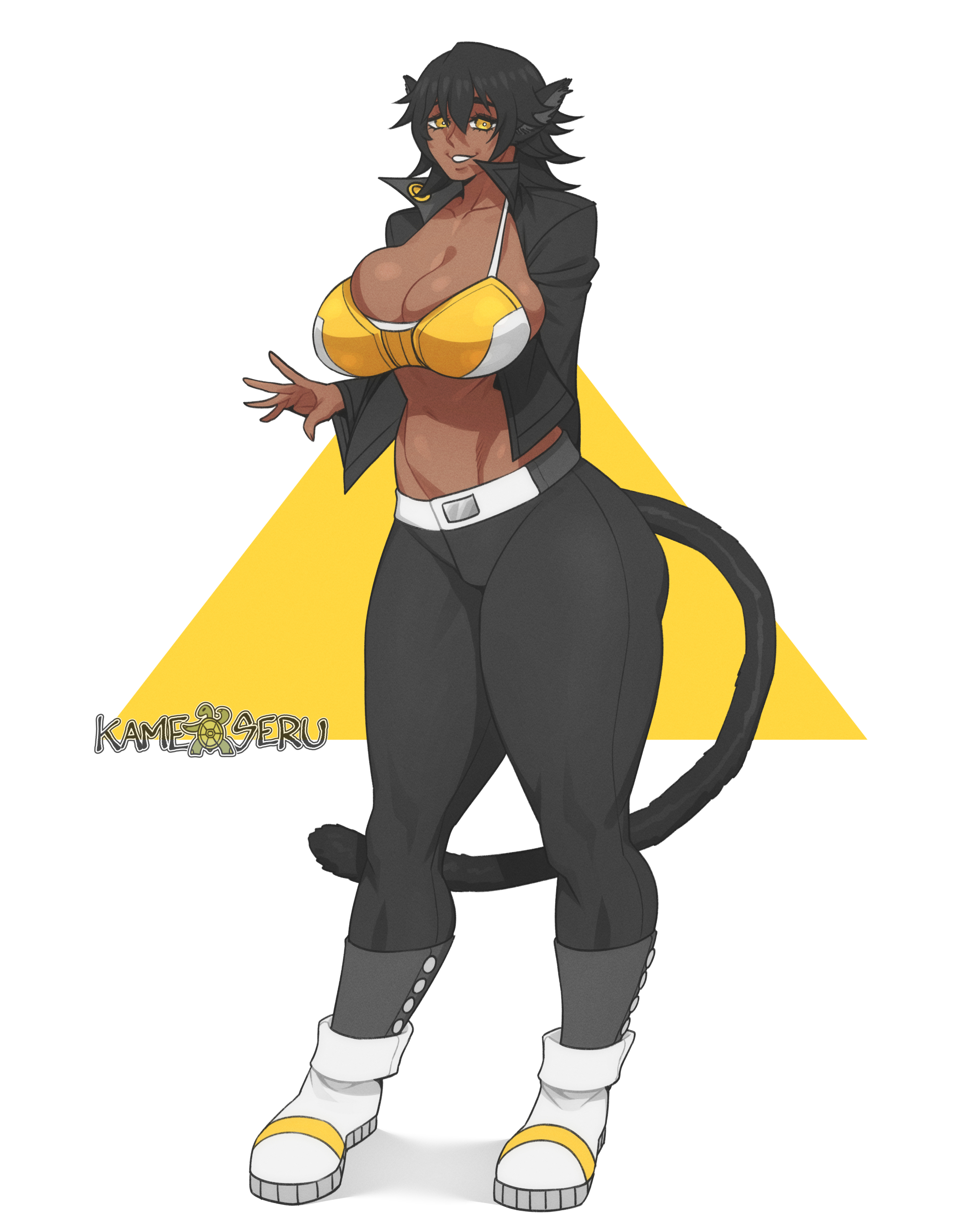 belt, big breasts, bikini, bikini top, black hair, boots, breasts, cat ears, cat tail, comission, dark skin, dark-skinned female, female, huge breasts, kamekuzu, kameseru, leather, leather jacket, leather pants, oc, original, smile, yellow eyes