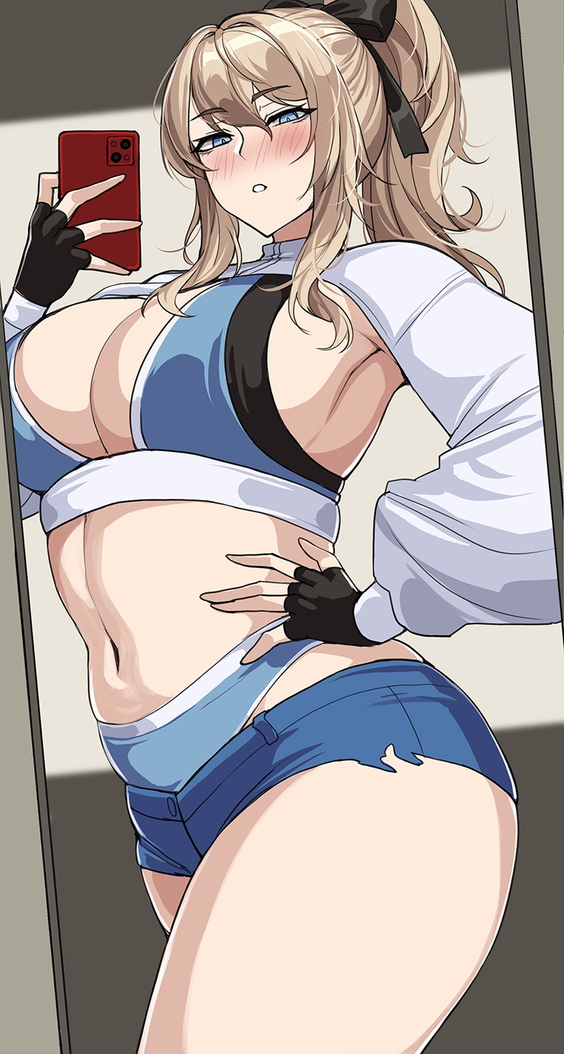 1girls, blonde hair, blue eyes, booty shorts, breasts, cropped jacket, drogod (artist), female, genshin impact, hand on hip, hips, holding object, huge breasts, jean gunnhildr, light skin, light-skinned female, long hair, long sleeves, mirror, phone, ponytail, selfie, short shorts, shorts, slim waist, sports bra, sportswear, thick thighs, thighs, wide hips