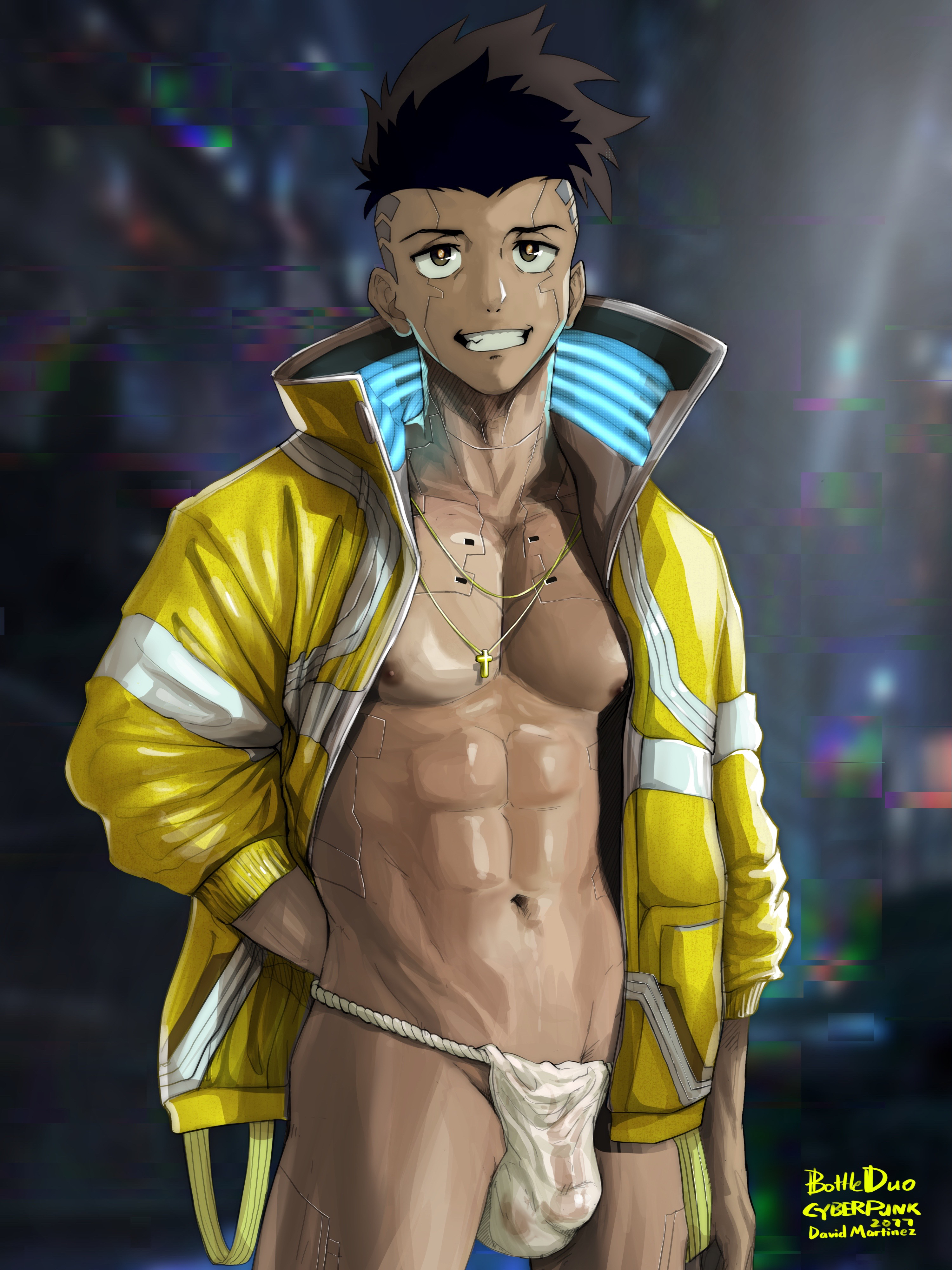 1boy, abs, bara, bottle duo, cd projekt red, cyberpunk 2077, cyberpunk: edgerunners, david martinez (edgerunners), flaccid, latino, male, male only, muscular, muscular male, netflix, open clothes, open jacket, penis, see-through, studio trigger, underwear, yaoi