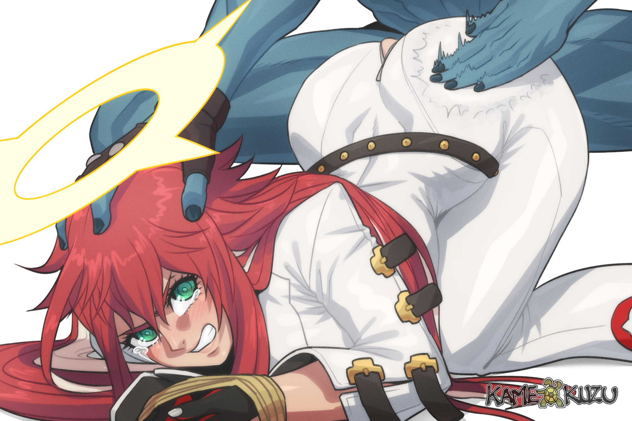 1boy, 1girls, arc system works, ass, ass slap, big ass, blue skin, breasts, bulldog position, crying, female, from behind, from behind position, guilty gear, guilty gear strive, happy chaos, jack-o' valentine, kamekuzu, kameseru, male, pinned down, rape, red hair, slapping, slapping butt, tears