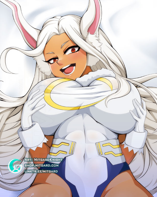 1girls animal_ears big_breasts breasts dakimakura female hero heroine looking_at_viewer miruko mitgard-knight my_hero_academia open_mouth red_eyes rumi_usagiyama solo white_hair