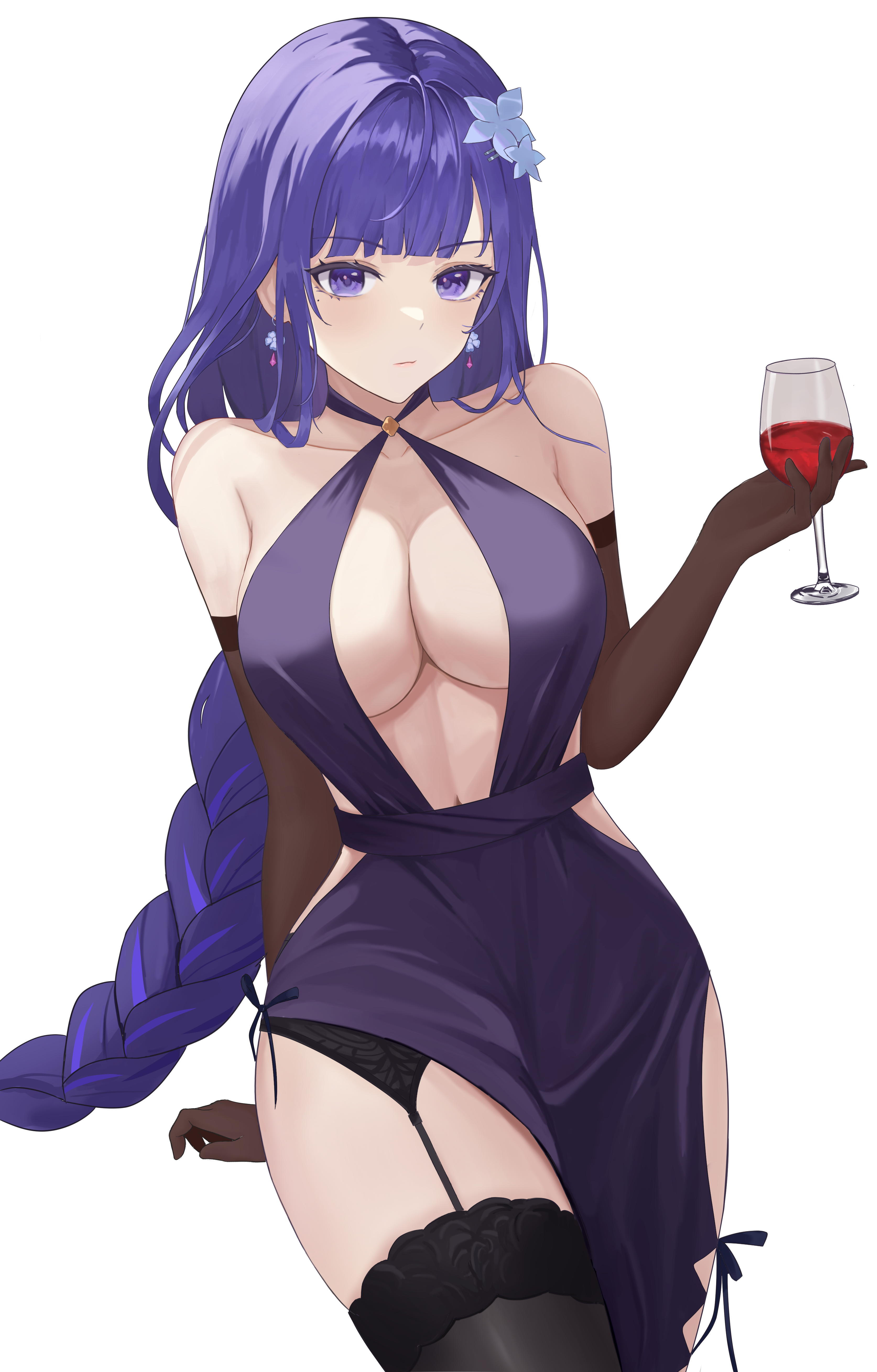 1girls, absurd res, absurdres, alternate costume, arms behind back, bare shoulders, belly, belly button, big breasts, black garter belt, black gloves, black thighhighs, braid, braided ponytail, breasts, center opening, chel (user mcme3455), cleavage, closed mouth, cowboy shot, criss-cross halter, cup, dress, drink, drinking glass, earrings, elbow gloves, female, female focus, female only, flower, garter belt, genshin impact, gloves, hair flower, hair ornament, halter dress, halterneck, hand up, hi res, high resolution, highres, holding, holding drink, holding object, jewelry, lace trim, lace-trimmed legwear, large breasts, leaning back, light skin, light-skinned female, long hair, looking at viewer, mole, mole under eye, ponytail, purple dress, purple eyes, purple hair, raiden shogun, simple background, single braid, sitting, sleeveless, sleeveless dress, solo, solo female, solo focus, stomach, thighhighs, white background, wine glass