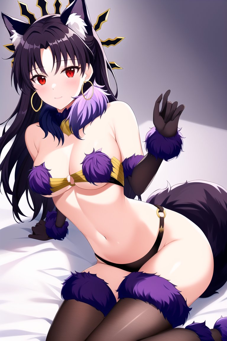 1girls, ai generated, animal ear fluff, animal ears, bed, black hair, black panties, breasts, come hither, dangerous beast, dangerous beast cosplay, elbow gloves, fate (series), fate/grand order, female, female only, fur trim, hoop earrings, ishtar (fate), ishtar (fate/grand order), legs, legs together, long hair, looking at viewer, medium breasts, nai diffusion, navel, on bed, red eyes, revealing clothes, solo, stable diffusion, tagme, thighhighs, thighs, thighs together, wolf ears