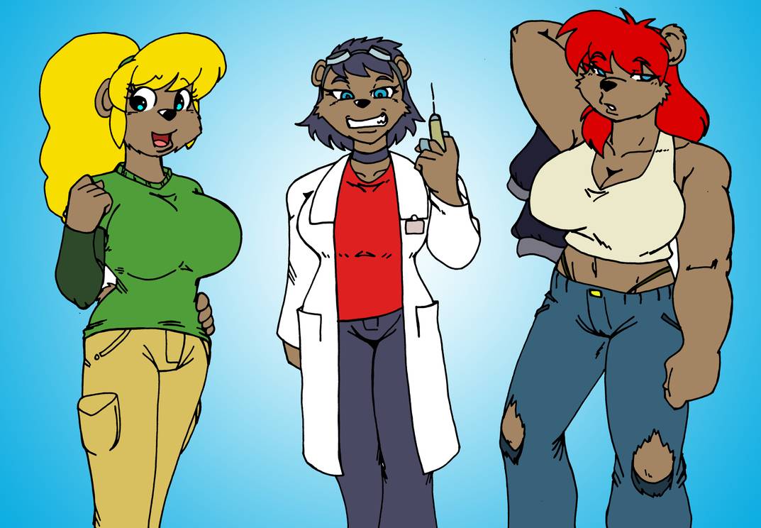 abigail_ursinare bear black_hair blonde_hair breasts crazycowproductions delilah_ursinare female female_only goggles happy joy_ursinare luhyzi mischievous_smile multiple_girls muscular_female ripped_pants scientist siblings sisters stoic strong_woman syringe ursine