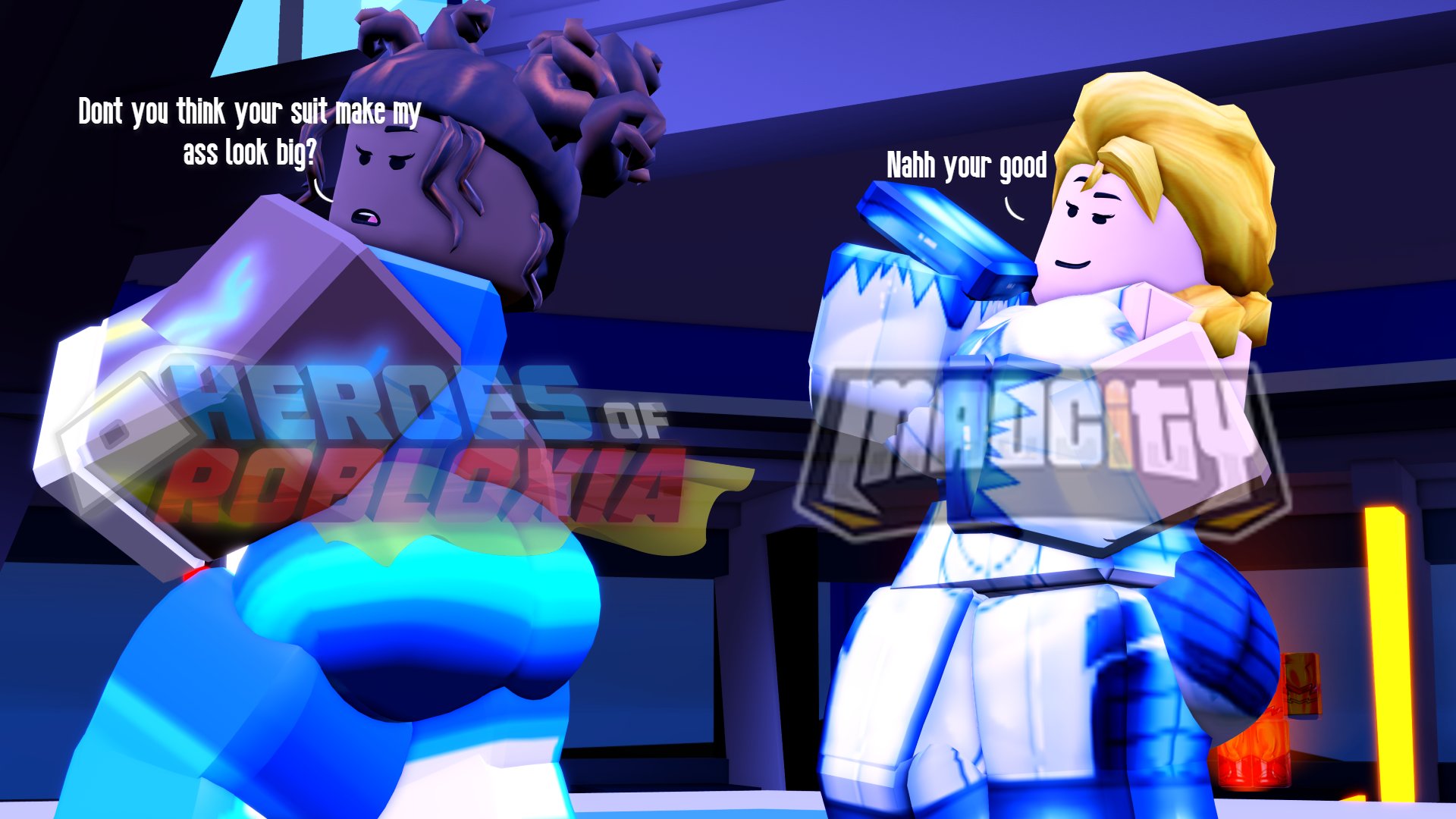 2girls, 3d, ass, big ass, black skin, blonde hair, brown hair, crossover, crossover cosplay, female, frostbite (mad city), heroes of robloxia, mad city, outfit swap, pinkishpinkas, roblox, roblox game, robloxian, tagme, tessla, white skin
