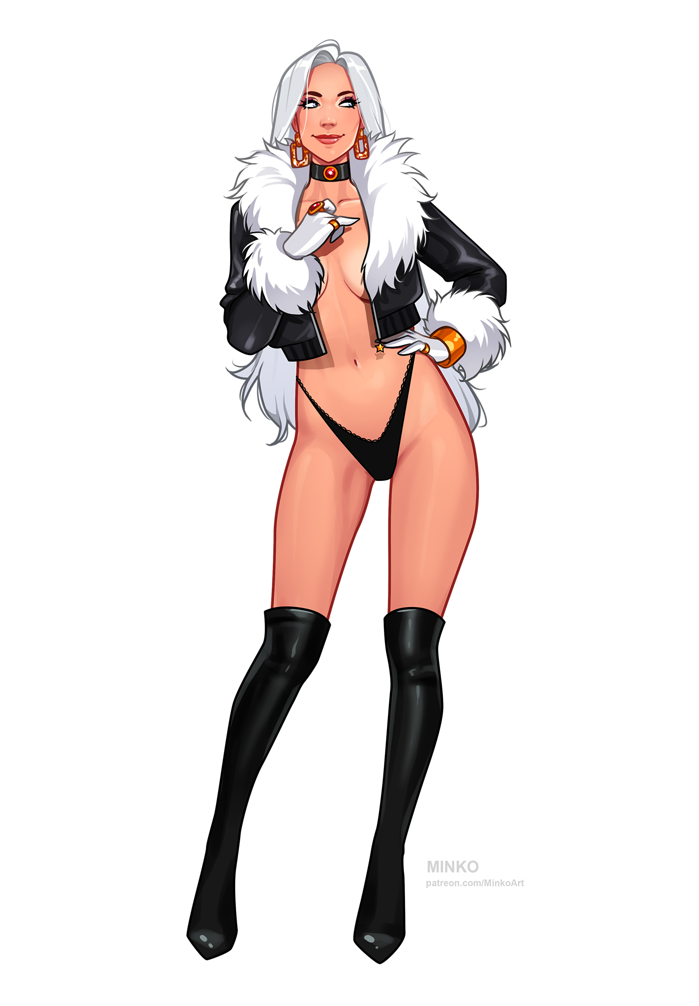 1girls, 2022, athletic, athletic female, big breasts, black cat (marvel), breasts, busty, eyebrows, eyelashes, eyes, felicia hardy, female, fit, fit female, hair, hourglass figure, large breasts, legs, light skin, light-skinned female, lips, long hair, looking at viewer, marvel, marvel comics, minko, no mask, olena minko, platinum blonde hair, silver hair, smiling at viewer, spider-man (series), superhero, superheroine, thick, thick legs, thick thighs, thief, thighhighs, thighs, thong, villain, voluptuous, waist, white hair, wide hips
