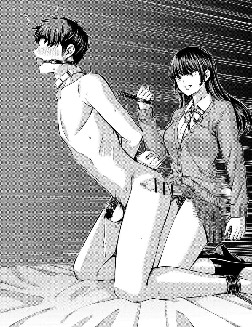 1boy, 1girls, anal, anal sex, ankle cuffs, arms tied behind back, ball gag, balls, bed, black and white, bondage, breasts, cardigan, cfnm, chastity, chastity cage, clothed female nude male, collar, doggy style, female, femdom, from behind, from behind position, fucked in chastity, gag, gagged, happy dom, happy female, in bed, kneeling, leash, leash and collar, leash pull, long hair, male, malesub, medium breasts, monochrome, nude, nude male, on bed, original, pegging, penis, sex, shirt, short hair, simple background, skirt, socks, strap-on, strap-on under skirt, strapon, testicles, textless, x-ray, yamahata rian