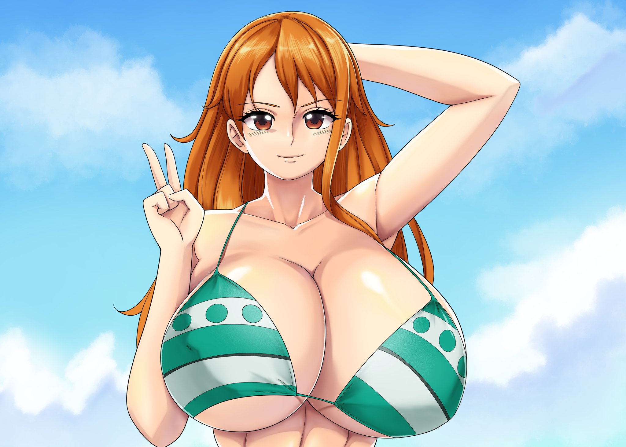 1girls, alternate version available, big breasts, bikini, bikini top, breast focus, breasts, cleavage, cloudybits, female, female only, green bikini top, huge breasts, large breasts, long hair, nami (one piece), one piece, orange eyes, orange hair, orange-haired female, peace sign, post-timeskip, smile, solo, solo female, striped bikini, topwear