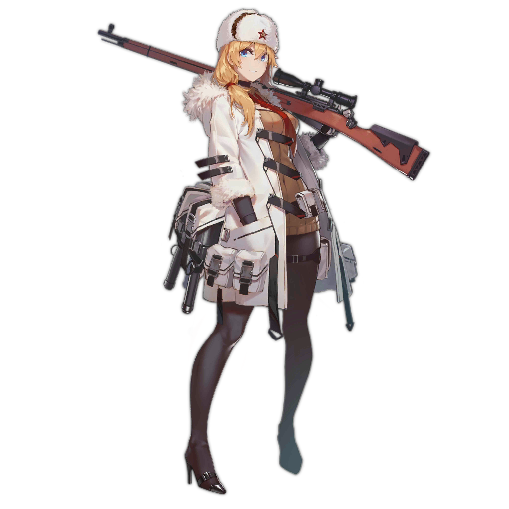 blonde_hair blue_eyes eastern_european fangdan_runiu female girls'_frontline hand_in_pocket high_heels hood hood_down jacket mosin-nagant_(girls'_frontline) national_personification open_jacket pantyhose red_scarf russia russian side_ponytail slavic sweater_dress ushanka white_coat wide_hips