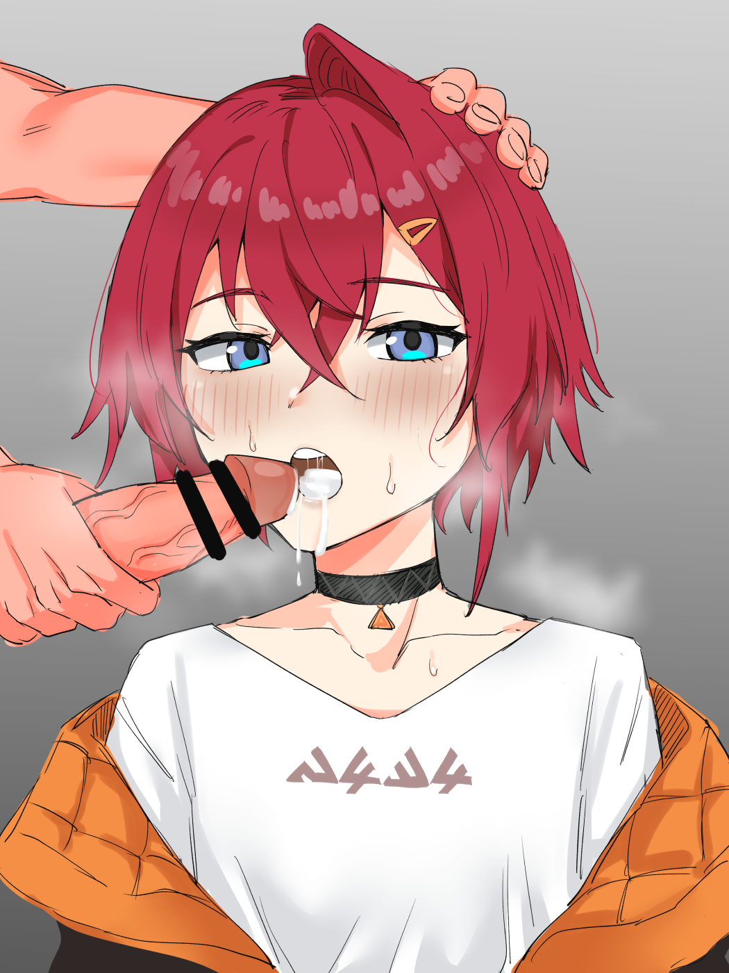 ange katrina, bar censor, blush, breasts, censored, female, nijisanji, red hair, sitatakanashi, sweating, virtual youtuber