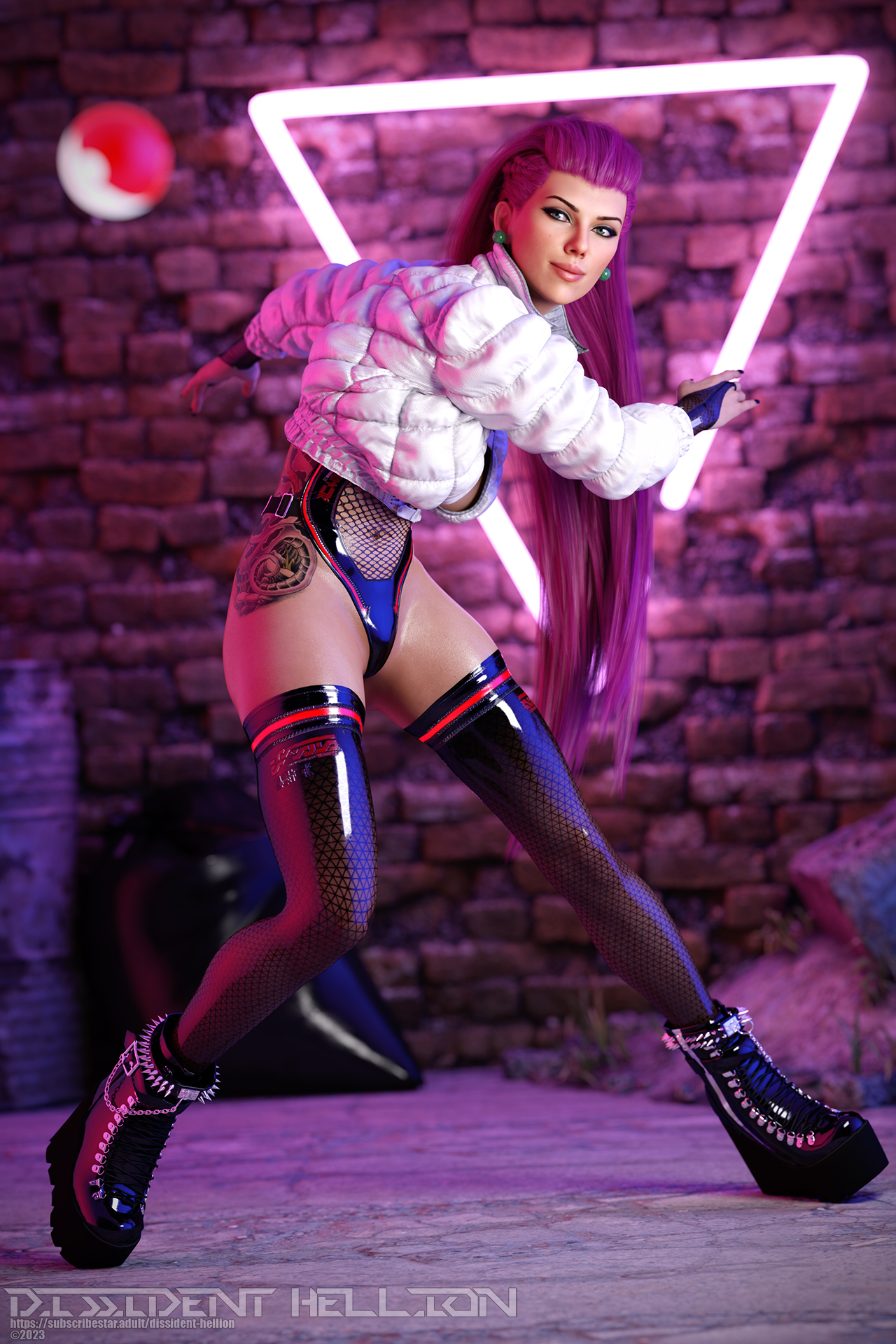 3d, 3d (artwork), action pose, boots, cg, cgi, cyberpunk, depth of field, dissidenthellion, fanart, female, female only, jacket, jessie (pokemon), latex, neon lights, original, pink hair, pokeball, pokemon, safe for work, scarlett johansson, solo, solo female, thick thighs, thighhighs