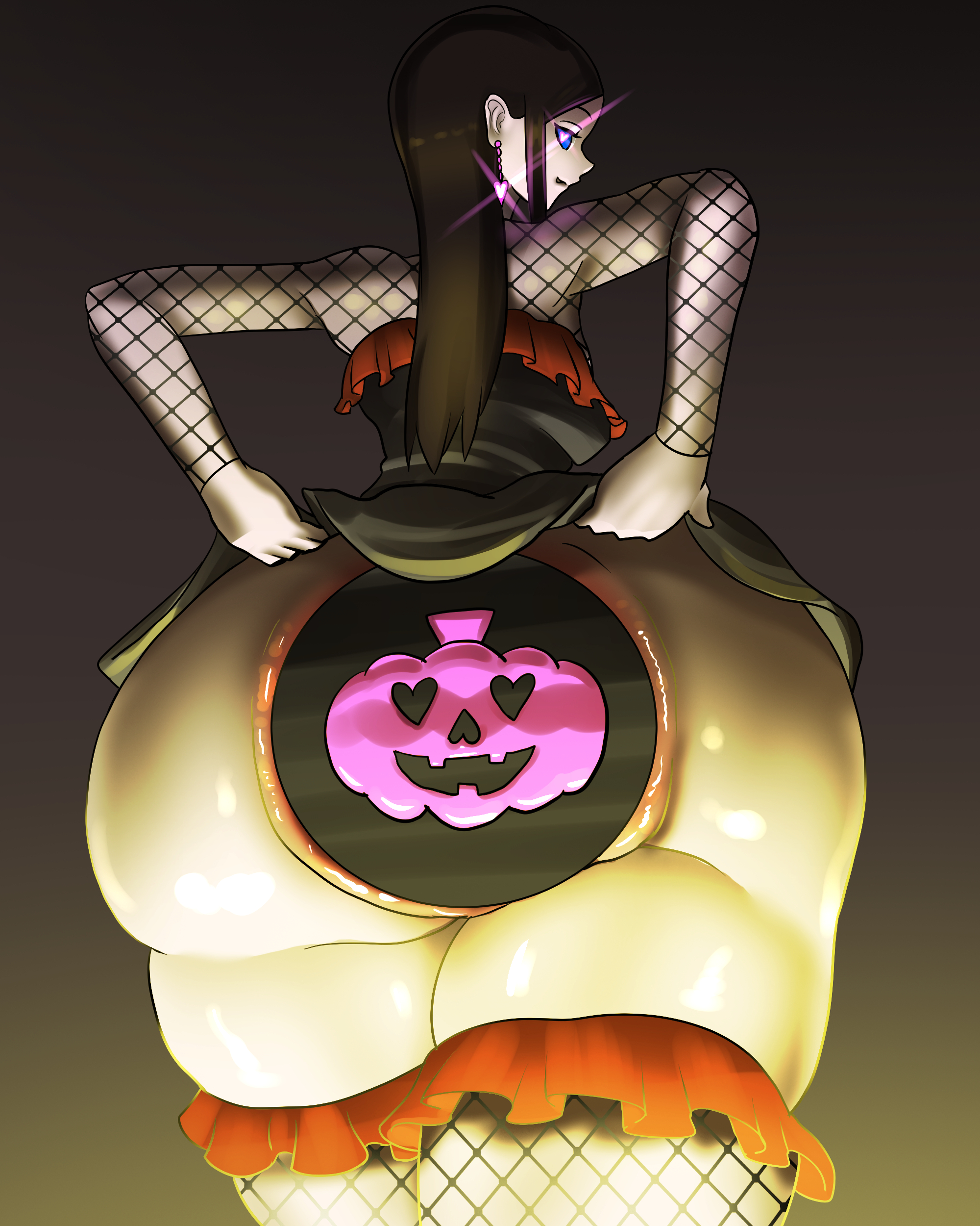 1girls, anal, anal beads, anal plug, ass, buttplug, female, female only, fishnet stockings, fishnets, giant anal beads, gigantic anal beads, halloween, huge anal beads, huge buttplug, huge insertion, impossible fit, impossible insertion, looking back at viewer, pon (artist), pumpkin, ridiculous fit, ruined anus, skirt lift, solo