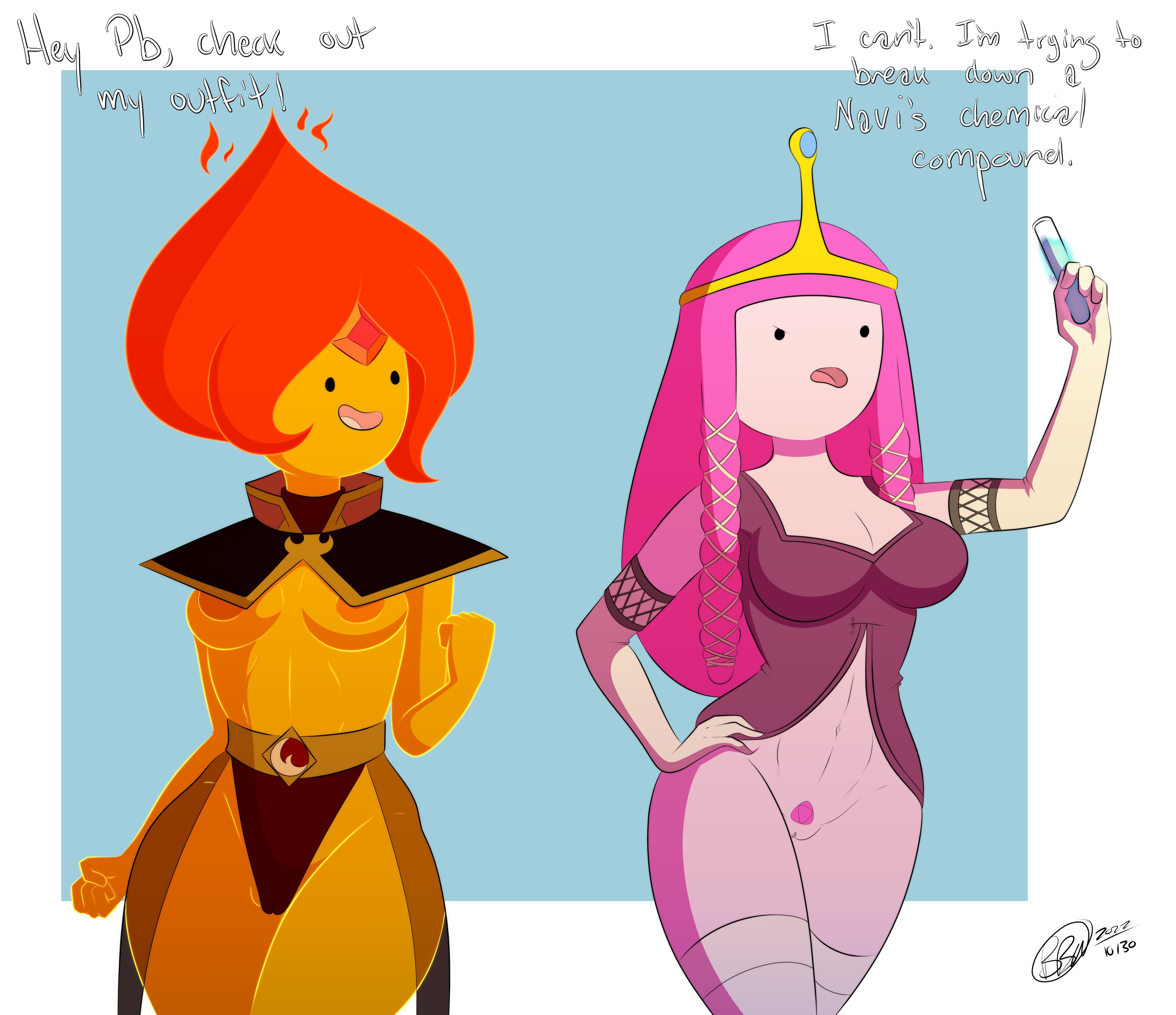 2girls, adventure time, avatar the last airbender, azula (cosplay), big breasts, braid, breasts, bunbunmuffinart, cartoon network, dialogue, english text, female, female focus, female only, flame princess, flaming hair, humanoid, long hair, medium breasts, mob face, multiple females, multiple girls, no bra, no panties, open mouth, pink hair, pink skin, princess bubblegum, princess zelda (cosplay), pussy, text, the legend of zelda, uncensored