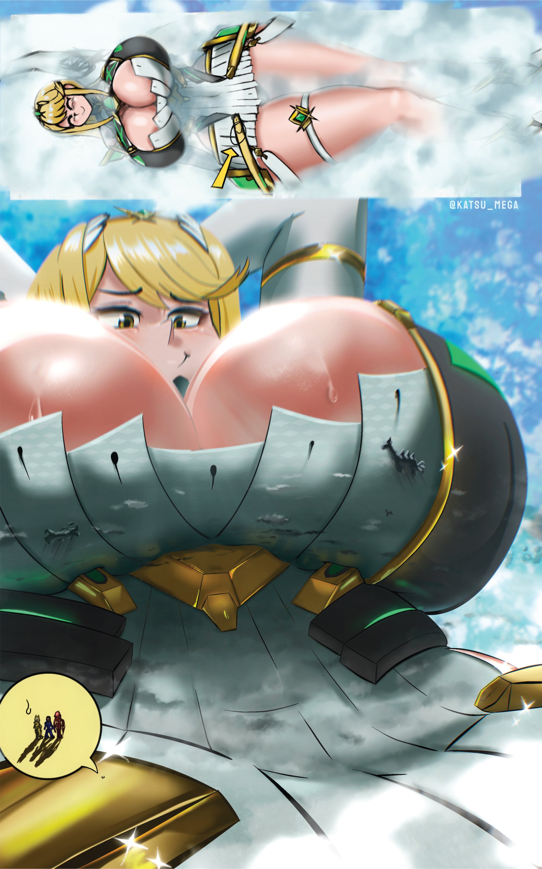 1girls, breasts, breasts bigger than head, enormous breasts, female, giantess, gigantic breasts, huge breasts, hyper giantess, katsu mega, long hair, massive breasts, mythra, nia, nia (xenoblade), pyra, rex (xenoblade), tagme, thick thighs, watermark, wide hips, xenoblade (series), xenoblade chronicles 2, zoom in, zoom layer