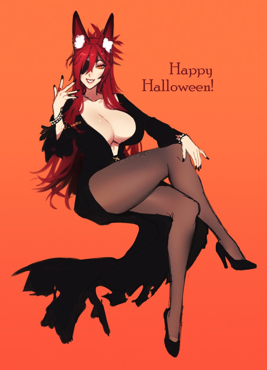 1girls big_breasts cosplay crossed_legs dress ear_tuft elvira:_mistress_of_the_dark elvira_(cosplay) english_text eyepatch female female_only fox_ears fox_girl full_body halloween happy_halloween heels inner_sideboob kitsu_(n0r0) kitsune long_hair looking_at_viewer n0r0 narrowed_eyes orange_background orange_eyes pantyhose red_hair sitting smiling smiling_at_viewer solo tail text thick_thighs