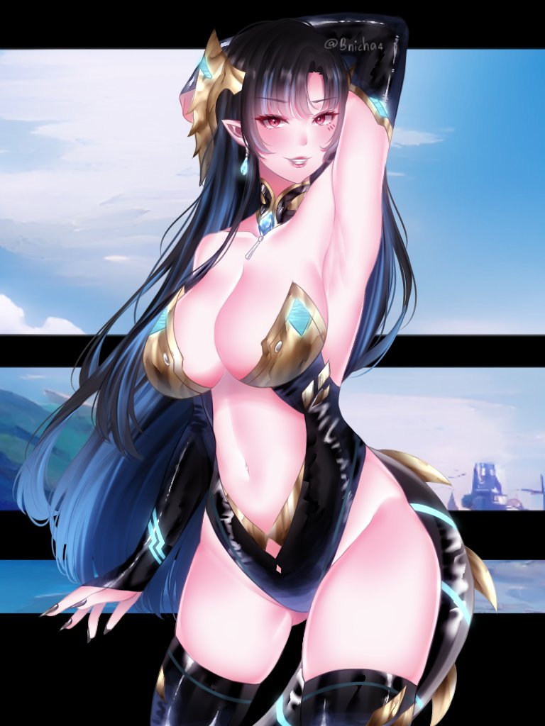 1girls black_hair black_nails blue_hair bnicha4_(b_nicha) clothed clothing earring female female_only horns kaiju_girl light-skinned_female light_skin long_hair looking_at_viewer pixela_legends pixela_project red_eyes solo tail two_tone_hair umino_ciala virtual_youtuber