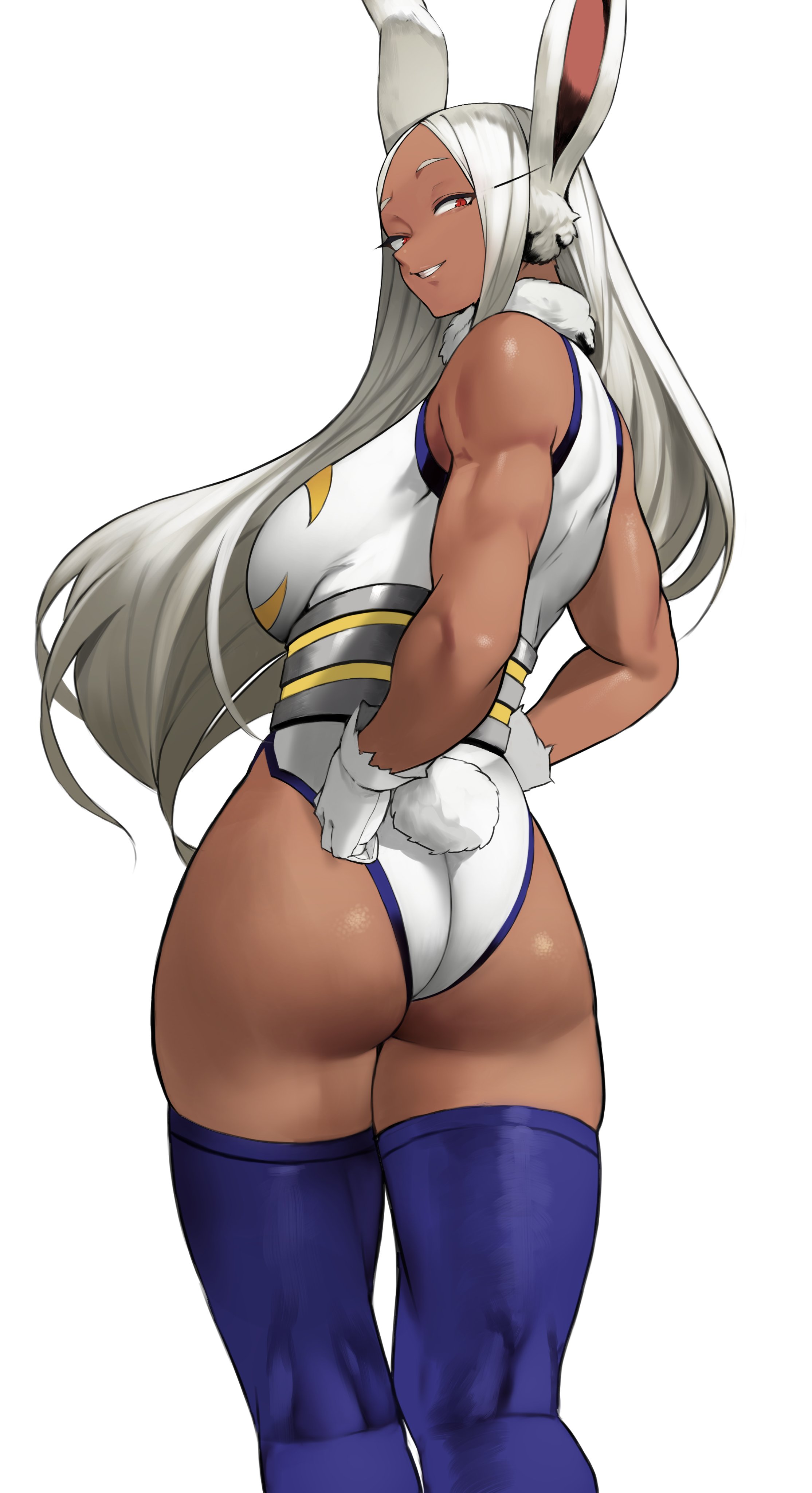 1girls, armwear, ass, big ass, big breasts, blue thighhighs, breasts, bunny ears, bunny girl, clothed, clothed female, female, female only, from behind, hair, legwear, leotard, long hair, miruko, my hero academia, red eyes, rumi usagiyama, sideboob, simple background, small breasts, solid color background, solo, superheroine, tail, thighhighs, thighs, white background, white hair, yoshi55level