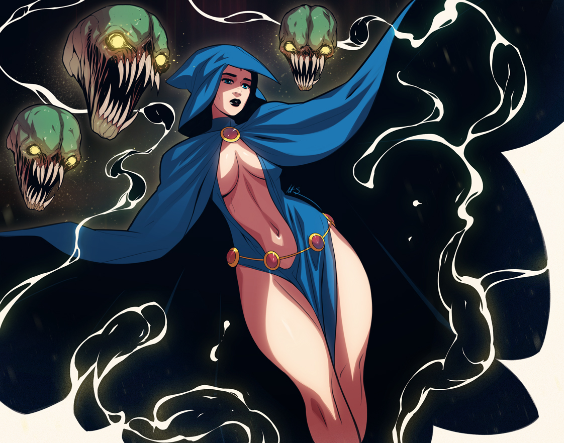 athletic, athletic female, bare legs, blue eyes, breasts, busty, cleavage, cloak, dc, dc comics, female, female focus, female only, hooded cloak, hourglass figure, lipstick, makeup, medium breasts, msperoni, navel, pinup, pinup pose, raven (dc), raven (dc) (classic), tagme, teen titans, triplexmile, wide hips