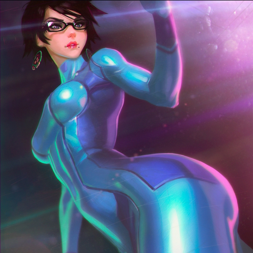 1girls, ass, bayonetta, bayonetta (character), bayonetta 2, big ass, black hair, blue bodysuit, bodysuit, breasts, cosplay, crossover cosplay, earrings, female, female only, fully clothed, glasses, ilya kuvshinov, large ass, metroid, nintendo, samus aran (cosplay), short hair, solo, tight clothing, zero suit, zero suit samus (cosplay)