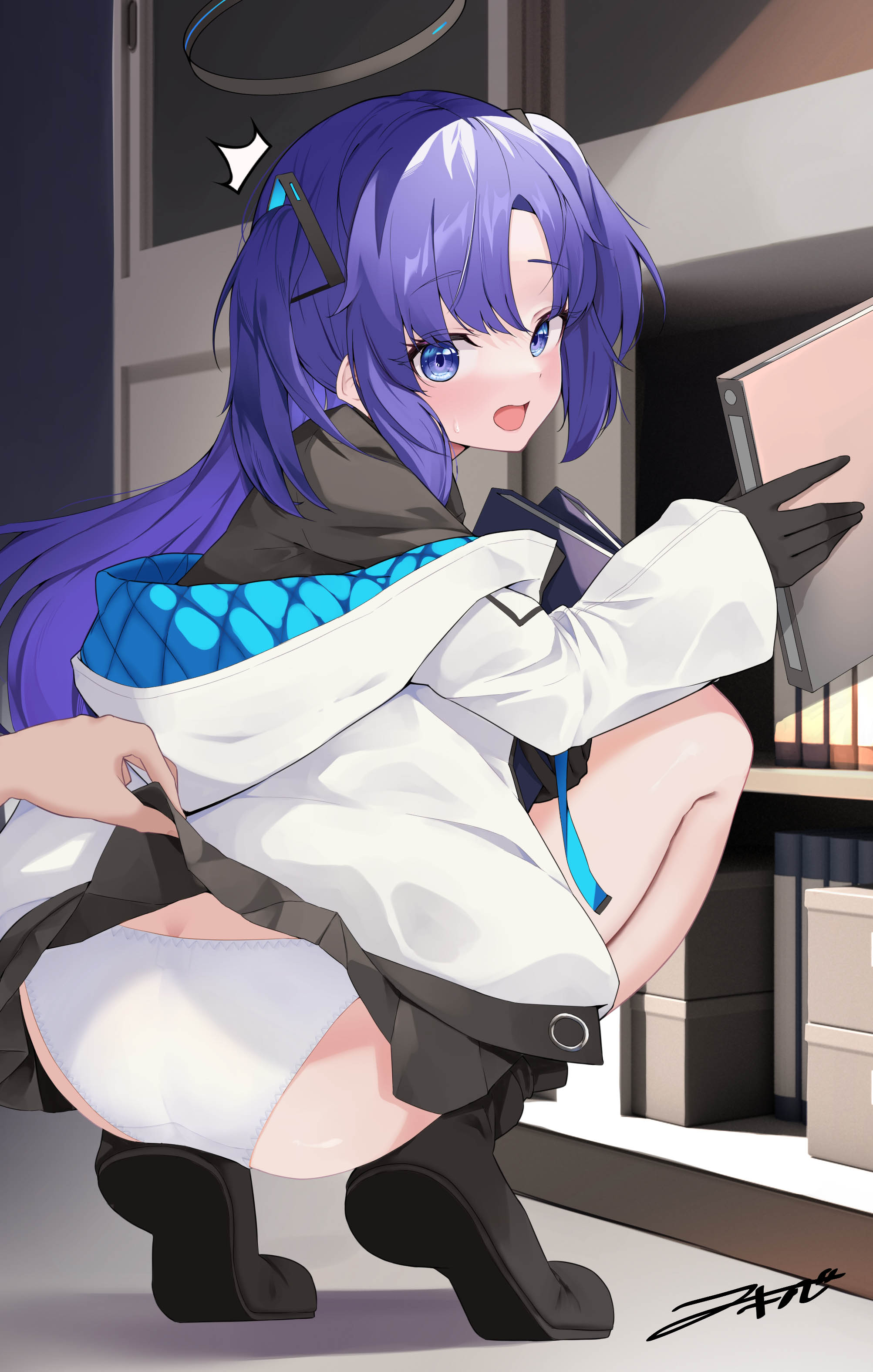 ^^^, 1boy, absurdres, akinoji (akiponpon27), black footwear, black gloves, black shirt, black skirt, blue archive, blush, clothes lift, female, full body, gloves, highres, jacket, lifted by another, looking at viewer, male, multicolored clothes, multicolored jacket, panties, pov, pov hands, purple eyes, purple hair, sensei (blue archive), shirt, signature, skirt, skirt lift, solo focus, squatting, straight, surprised, two-tone jacket, underwear, white panties, yuuka (blue archive)