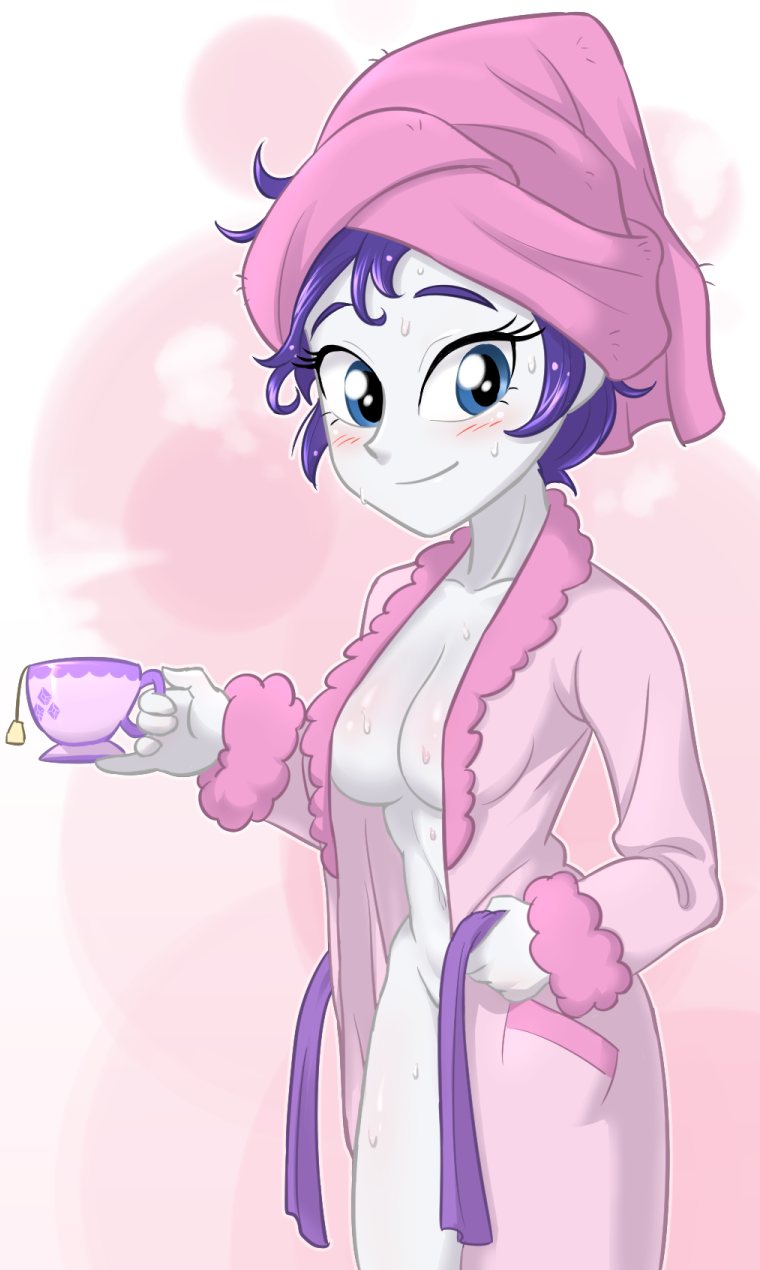 1girls after_shower big_eyes blue_eyes blush blushing boobs breasts casual cleavage clothing equestria_girls female female_only friendship_is_magic hasbro headwear human medium_breasts my_little_pony navel open_clothes open_robe outerwear pale_skin purple_hair rarity_(eg) rarity_(mlp) robe robe_only solo straight_hair ta-na tana tea tea_cup tits wet wet_body wet_skin white-skinned_female white_skin