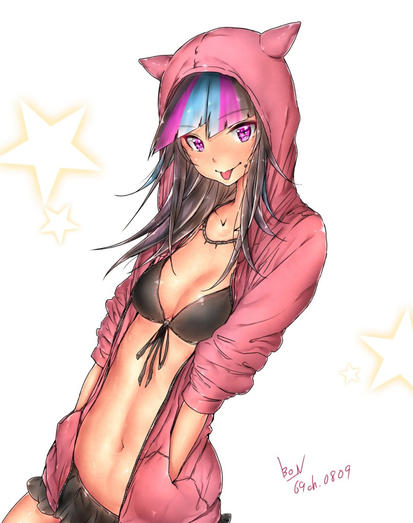 1girls bikini bikini_skirt black_bikini black_swimsuit breasts danganronpa danganronpa_2:_goodbye_despair female_only front-tie_bikini hands_in_pockets hoodie long_hair looking_at_viewer midriff mioda_ibuki miyoichi_(tjuc8378) multicolored_hair navel necklace open_hoodie piercings purple_eyes small_breasts straight_hair super_danganronpa_2 swimsuit swimsuit_skirt tongue tongue_out