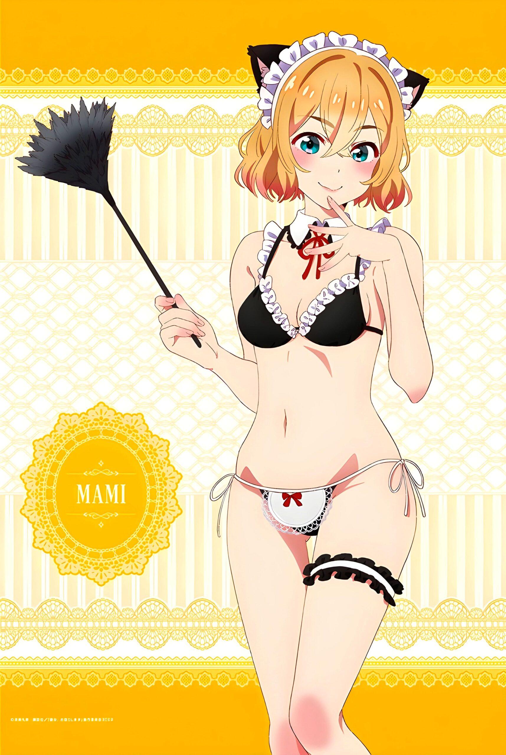 1girls, blue eyes, blush, eye open, eyes, female, female focus, female only, hair, human, kanojo okarishimasu, legs, light skin, light-skinned female, maid, nanami mami, open eyes, pinup, simple background, solo, solo female, tagme, thighs, white skin, yellow hair