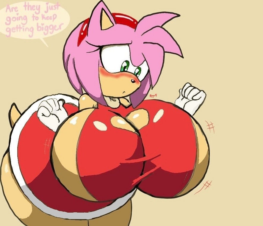 1girls amy_rose boob_window breast_expansion breasts breasts_bigger_than_head bursting_breasts clothing color dialogue edit english_dialogue english_text female female_only green_eyes huge_ass huge_breasts motion_lines no_bra pink_hair roga14 round_breasts sega sideboob solid_color_background solo sonic_(series) speech_bubble tan_background text thick_thighs underass wardrobe_malfunction wide_hips