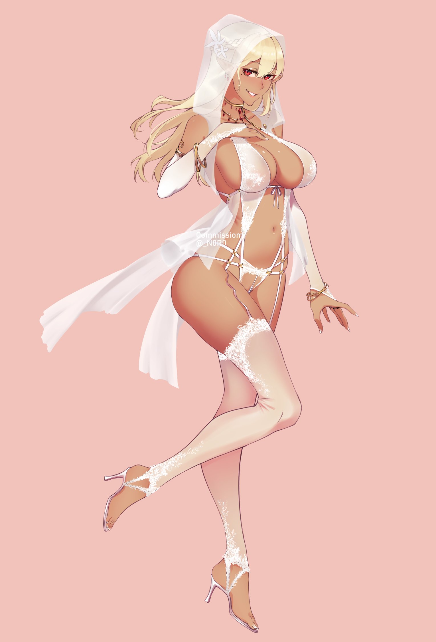1girls, big breasts, blonde hair, breasts, cleavage, dark skin, earrings, elbow gloves, elf, elf ears, elf female, eyelashes, eyeliner, female, female only, full body, garter belt, garter straps, heels, hi res, high heels, lingerie, lipstick, long hair, looking at viewer, makeup, mole, n0r0, nail polish, necklace, pointy ears, pussy, red eyes, see-through, simple background, skimpy clothes, smiling, smiling at viewer, solo, stockings, veil