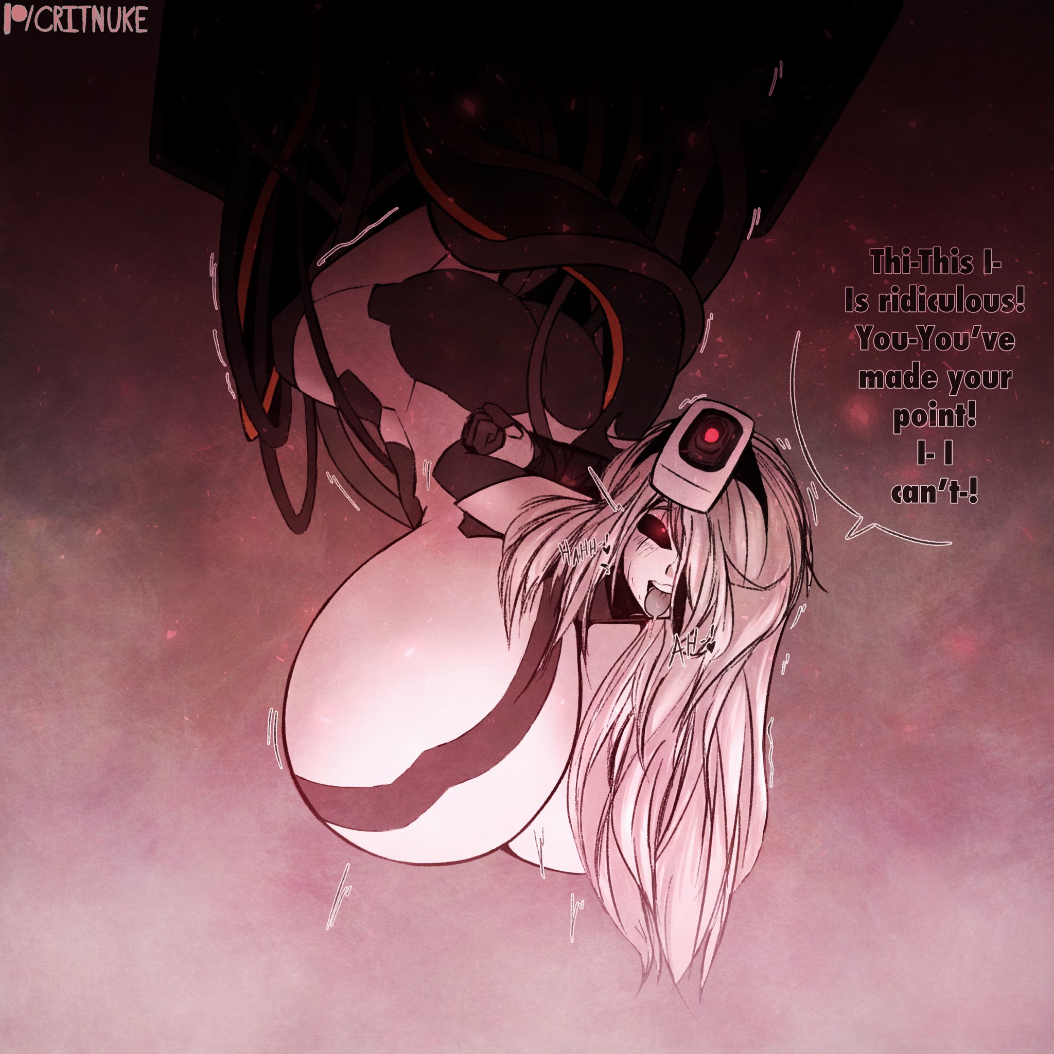 1girls, 2022, 2d, ass, big ass, breast expansion, breast growth, breast growth (enlargement), breasts, critnuke, dialogue, expansion, female, female only, glados, glados (humanoid), gynoid, hanging, huge breasts, humanized, large breasts, looking at viewer, portal (series), robot, robot girl, speech bubble, tagme, talking to viewer, text, valve, white hair, yellow eyes