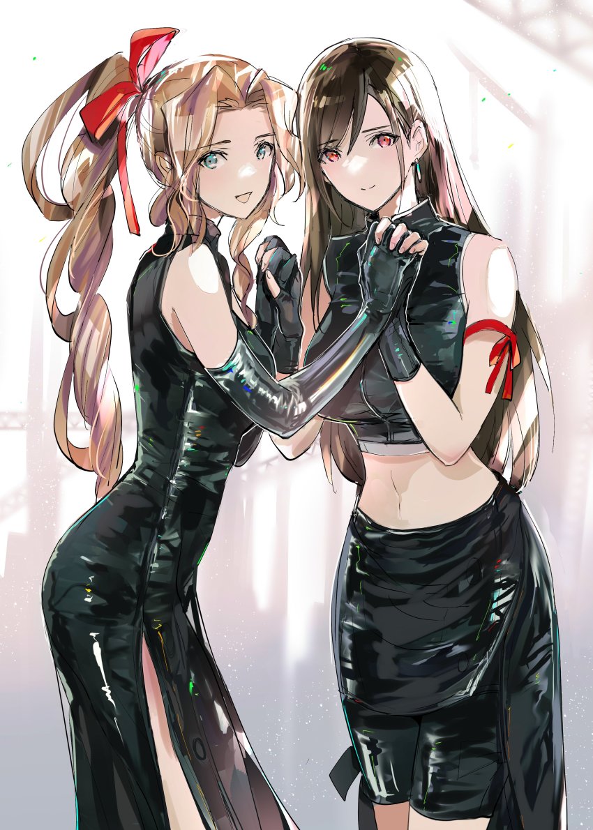 2girls aerith_gainsborough alternate_costume arm_ribbon black_hair bow_in_hair braided_ponytail breasts brown_hair crop_top dress earrings final_fantasy final_fantasy_vii fingerless_gloves gloves green_eyes holding_hands large_breasts latex latex_crop_top latex_dress latex_gloves long_hair looking_at_viewer midriff multiple_girls navel ponytail red_eyes shoji_sakura side_slit tifa_lockhart waist_cape yuri