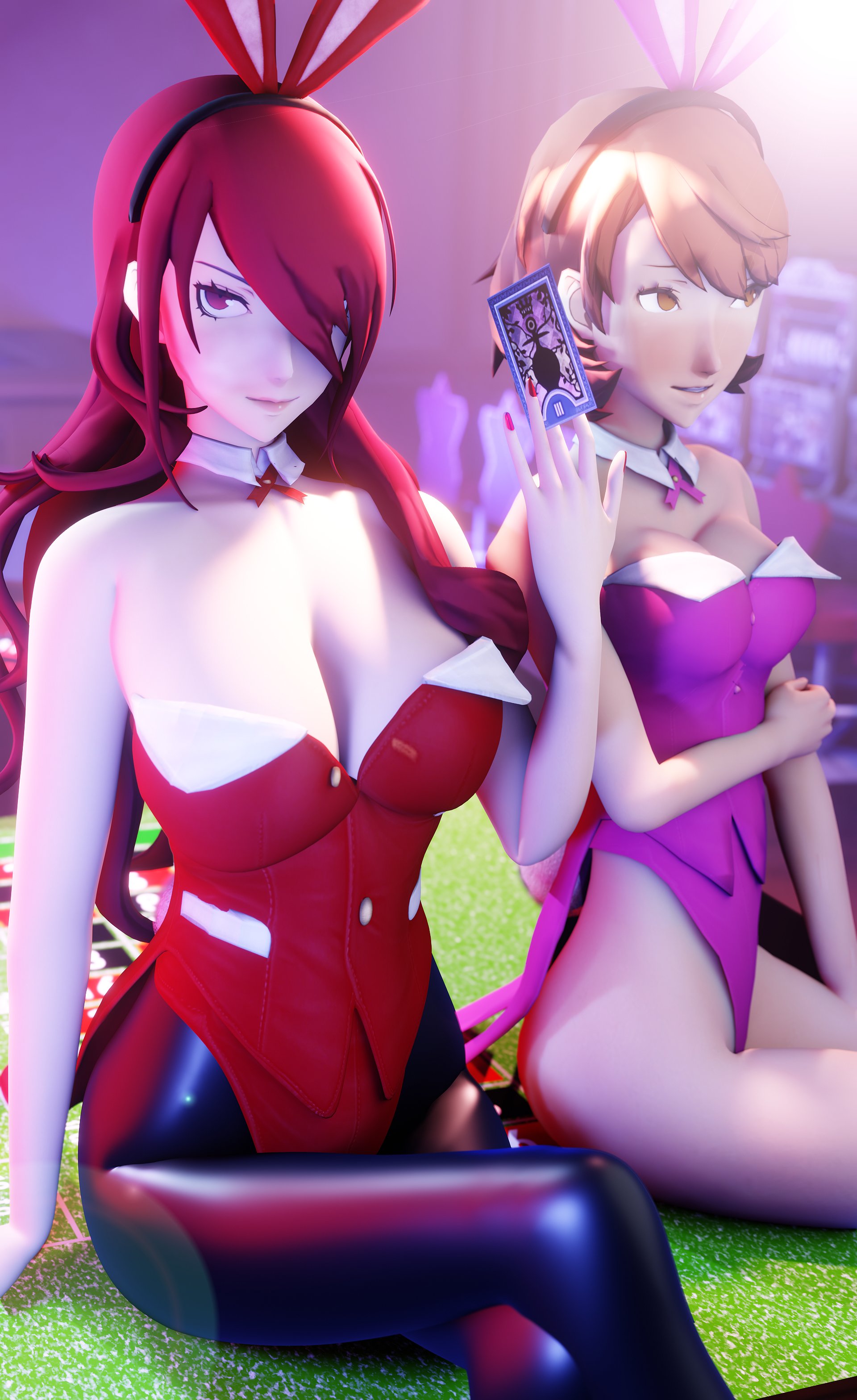 amateurthrowaway, bunny ears, bunny girl, bunnysuit, card, casino, cleavage, female, mitsuru kirijo, persona, persona 3, yukari takeba