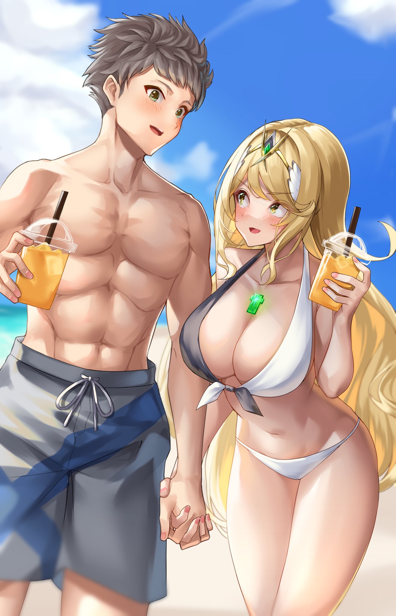 abs beach bikini blonde_hair breasts brown_hair core_crystal drink holding_hands midriff muscular_male mythra nintendo older rex_(xenoblade) straight swimming_trunks swimsuit whitepakaillust xenoblade_(series) xenoblade_chronicles_2 yellow_eyes