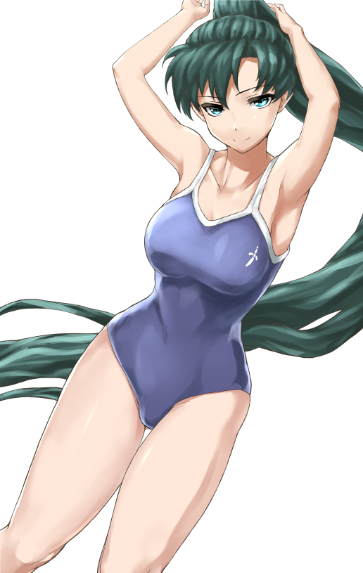 1girls aqua_eyes armpits arms_up breasts female female_focus fire_emblem fire_emblem:_the_blazing_blade green_hair large_breasts long_hair lyn_(fire_emblem) nintendo one-piece_swimsuit ponytail sajittari smile solo source_request swimsuits