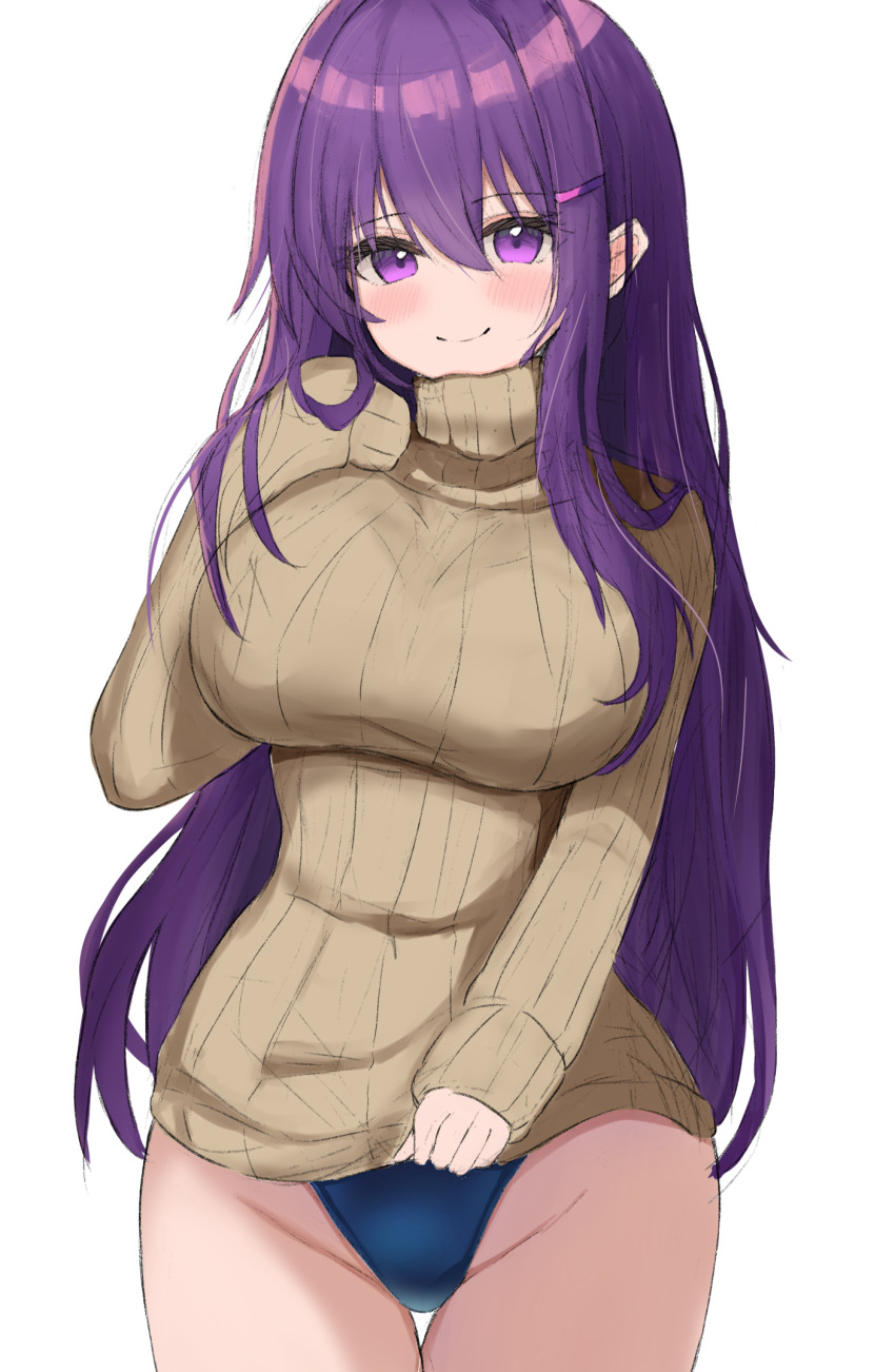 1girls, blush, breasts, closed mouth, cowboy shot, doki doki literature club, female, hair between eyes, hair ornament, hairclip, large breasts, long hair, long sleeves, looking at viewer, one-piece swimsuit, purple eyes, purple hair, ribbed sweater, simple background, sleeves past wrists, smile, solo, sweater, swimsuit, swimsuit under clothes, turtleneck, turtleneck sweater, white background, yon4444444, yuri (doki doki literature club)