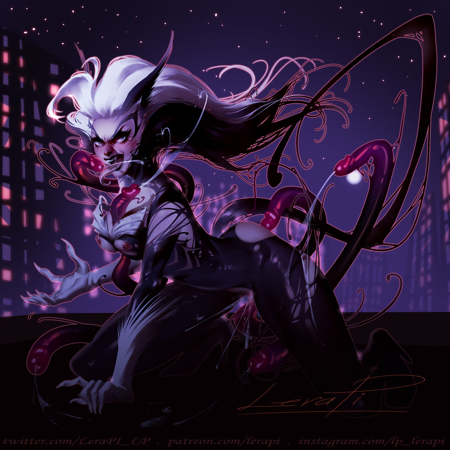 aleriia v, black cat (marvel), blue eyes, bodysuit, breasts, cat ears, exposed breasts, fangs, felicia hardy, female, lerapi, long tongue, marvel, marvel comics, spider-man (series), straight hair, symbiote, tail, tentacle, venom, venom (marvel), white hair
