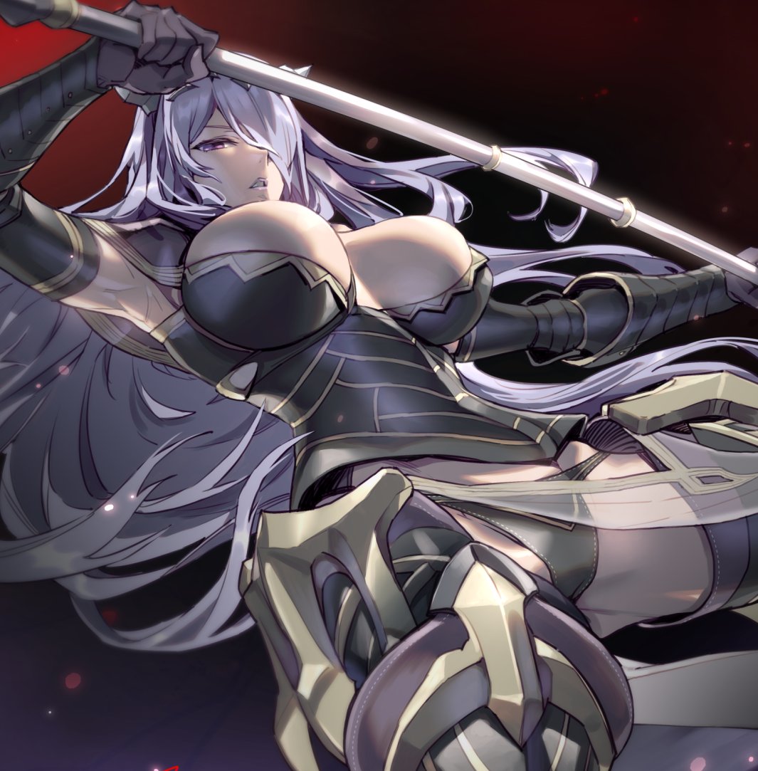 1girls, armor, armored boots, bare thighs, big breasts, black armor, black panties, boots, breasts, camilla (fire emblem), commission, elbow gloves, female, female only, fire emblem, fire emblem fates, gauntlets, gloves, hair over one eye, holding, holding weapon, inner thighs, large breasts, long hair, nintendo, open mouth, panties, purple hair, skeb commission, solo, thighs, tiara, underwear, very long hair, wavy hair, weapon, zunta