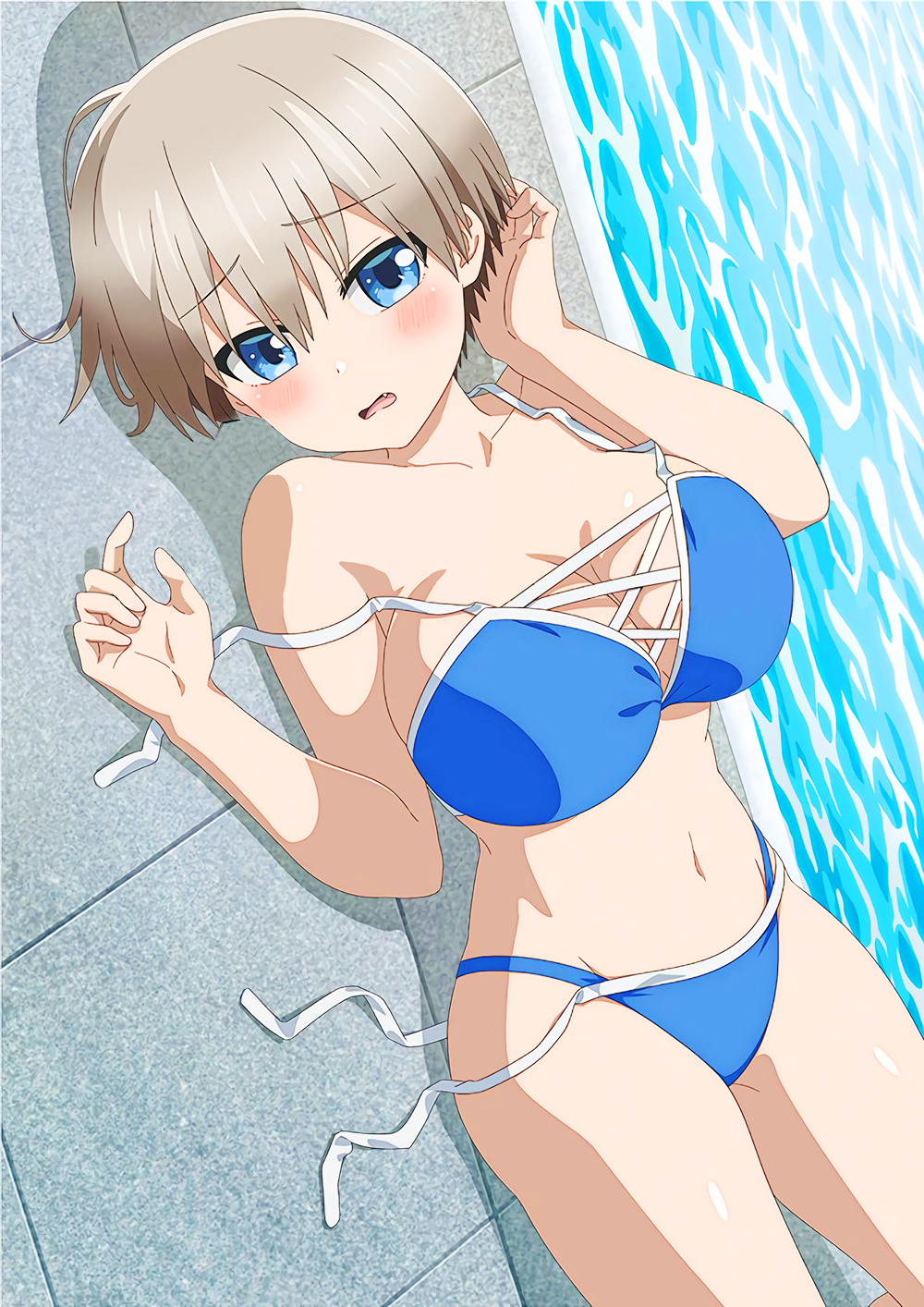 1girls, big breasts, bikini, blue eyes, blush, breasts, cleavage, female, female only, grey hair, huge breasts, pool, smaller female, solo, swimsuit, uzaki hana, uzaki-chan wa asobitai!, water, wide hips