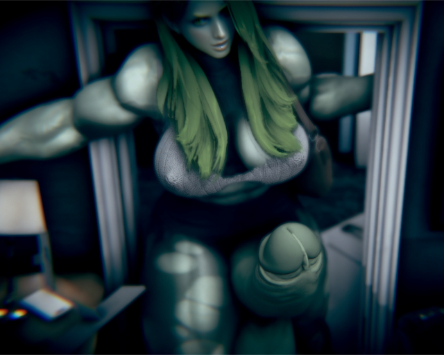 1futa, 3d, erection, female, futa only, futanari, green eyes, green hair, green skin, hdregrets, huge cock, intersex, large penis, looking at viewer, marvel, marvel comics, muscular, muscular futa, penis, she-hulk, solo, taller female, torn clothes
