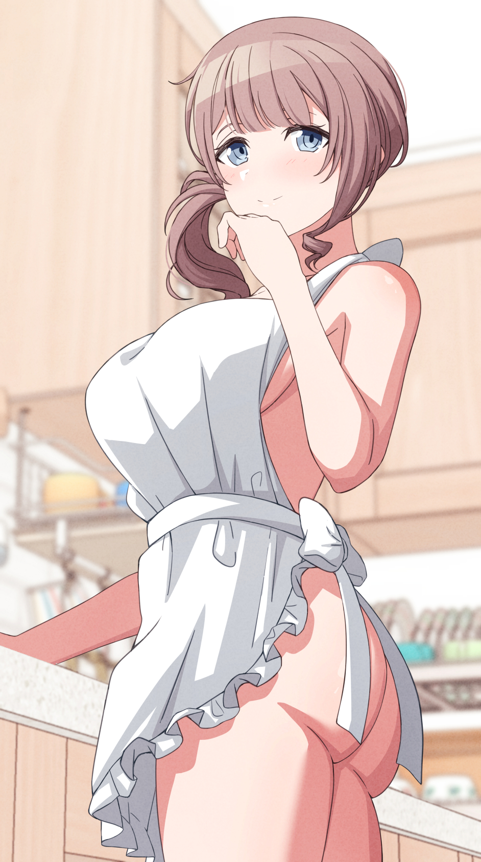 1girls apron arimon_(dfrgty12) ass big_breasts blue_eyes blush brown_hair female female_only indoors light-skinned_female light_brown_hair light_skin mochizuki_honami ponytail project_sekai solo