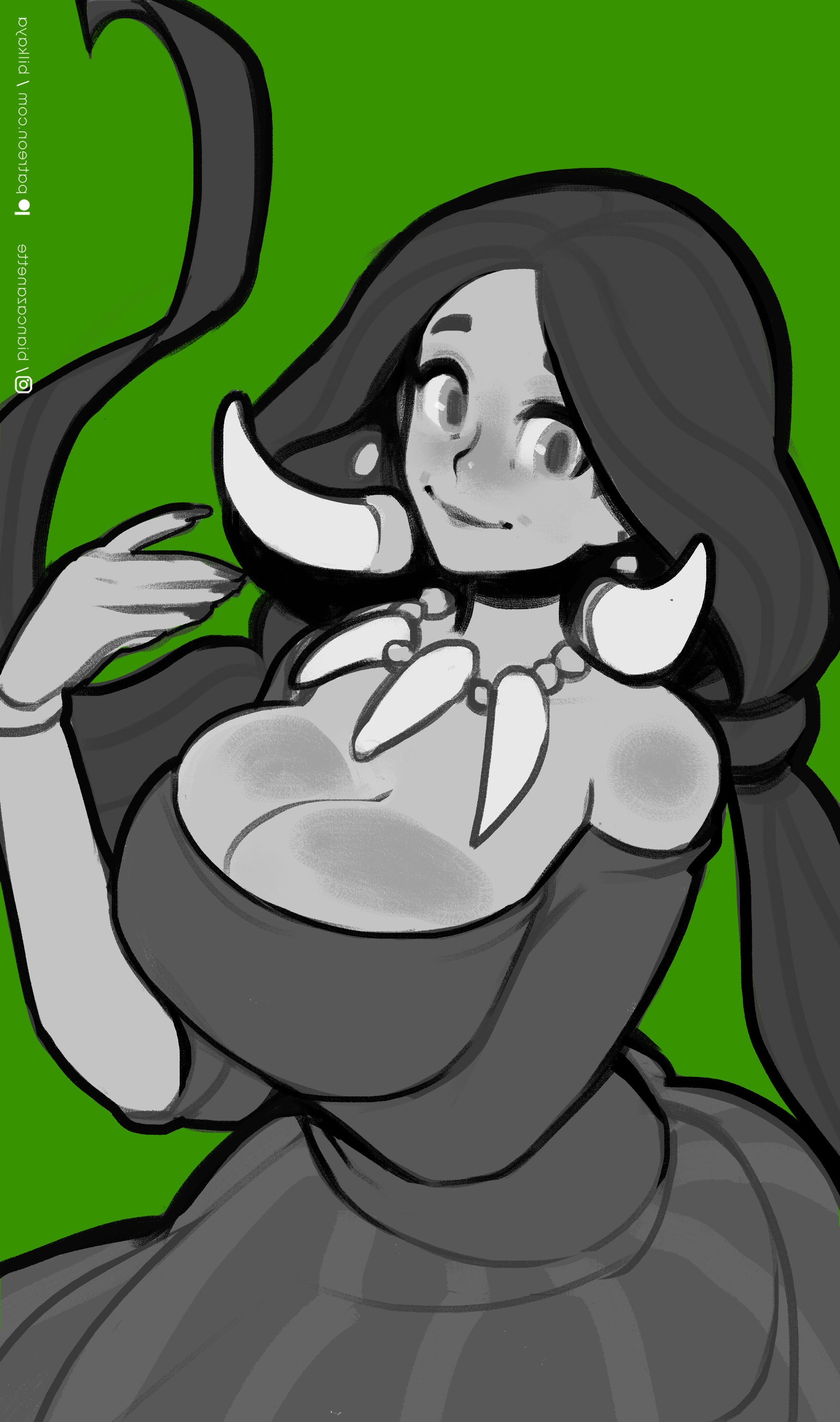 1girls, big breasts, bilkaya, breasts, cleavage, drasna (pokemon), female, long hair, looking at viewer, mature female, monochrome, pokemon, pokemon xy