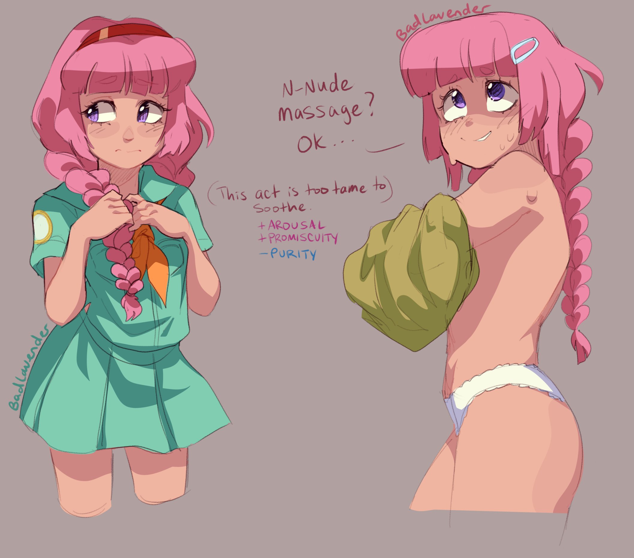 ass, badlavender, blush, degrees of lewdity, panties, pink hair, purple eyes, undressing