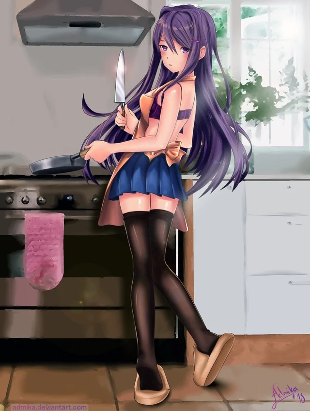 admika apron blue_skirt bra doki_doki_literature_club knife long_hair pan purple_bra purple_eyes purple_hair skirt yuri_(doki_doki_literature_club)