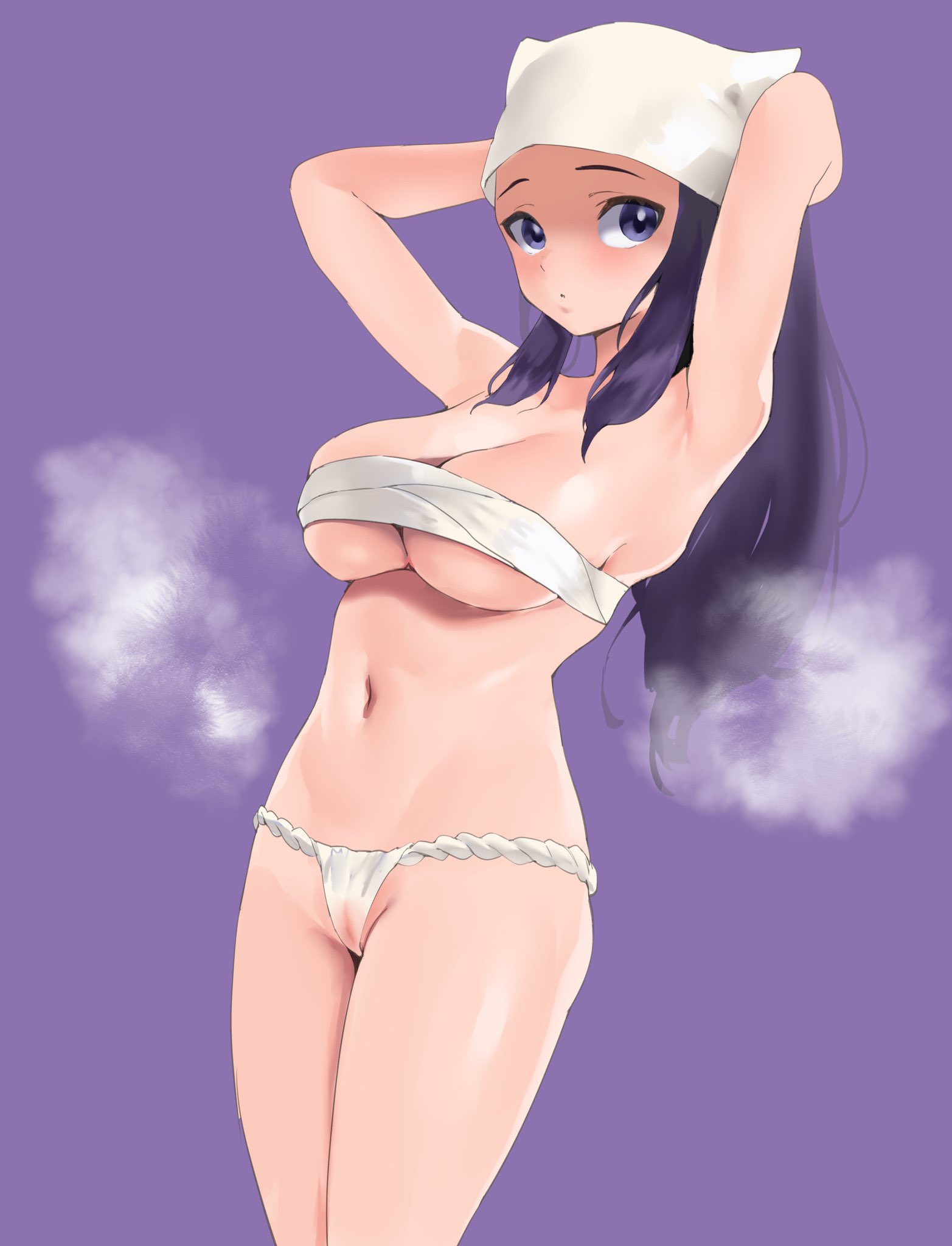 1girls, akari (pokemon), armpits, blue eyes, blue hair, breasts, female, fundoshi, game freak, large breasts, light skin, light-skinned female, long hair, nintendo, pokemon, pokemon legends: arceus, ponytail, simple background, slim waist, steam, steaming body, yotahen, yotamono