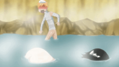 1boy, 1girls, animated, ass, ass up, bathing together, black hair, black-haired female, bleach, canonical scene, casual nudity, embarrassed, face down ass up, female, hot spring, ichigo kurosaki, kuchiki rukia, looking at ass, looking at partner, male, mixed bathing, onsen, orange hair, orange-haired male, partially submerged, petite, round ass, top-down bottom-up