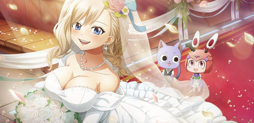 2girls blonde_hair blue_eyes bride cleavage e.m._pino edens_zero happy happy_(edens_zero) large_breasts love marriage married_woman rebecca_bluegarden smile tagme wedding wedding_dress wholesome