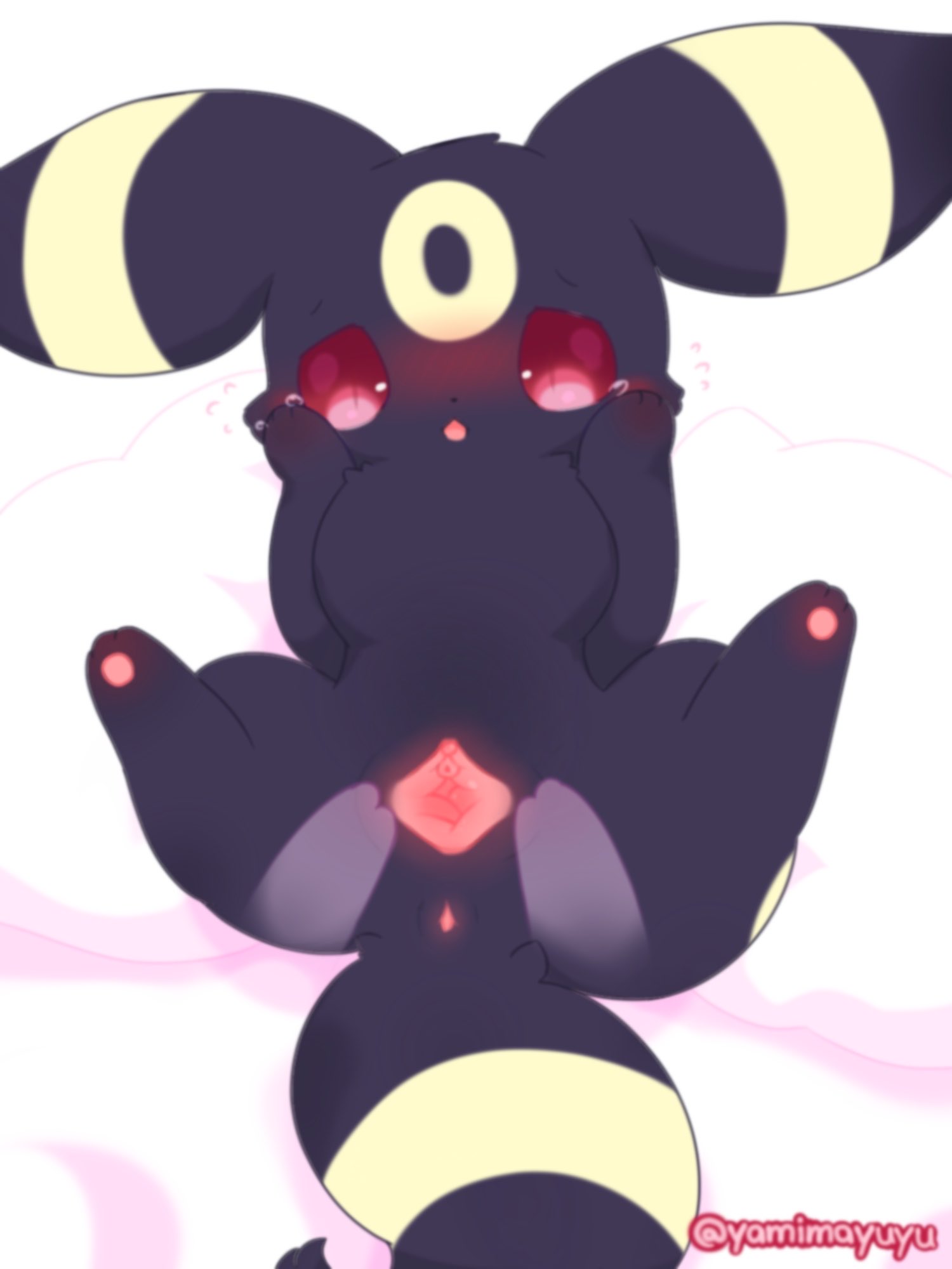 anus black_body blush disembodied_hand duo eeveelution female feral generation_2_pokemon genitals hi_res looking_at_viewer nakimayo nintendo pokemon pokemon_(species) pussy red_eyes spread_pussy spreading umbreon video_games